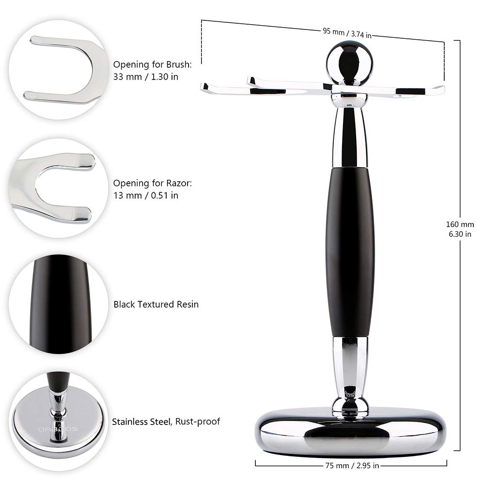 Premium Silvertip Badger Hair Shaving Brush & Stand Set - Black Resin Alloy Handle with Stainless Steel Razor Stand - Perfect for Double Edge Safety Razor & Straight Razor Shaving - Ideal Gift for Men's Grooming Routine