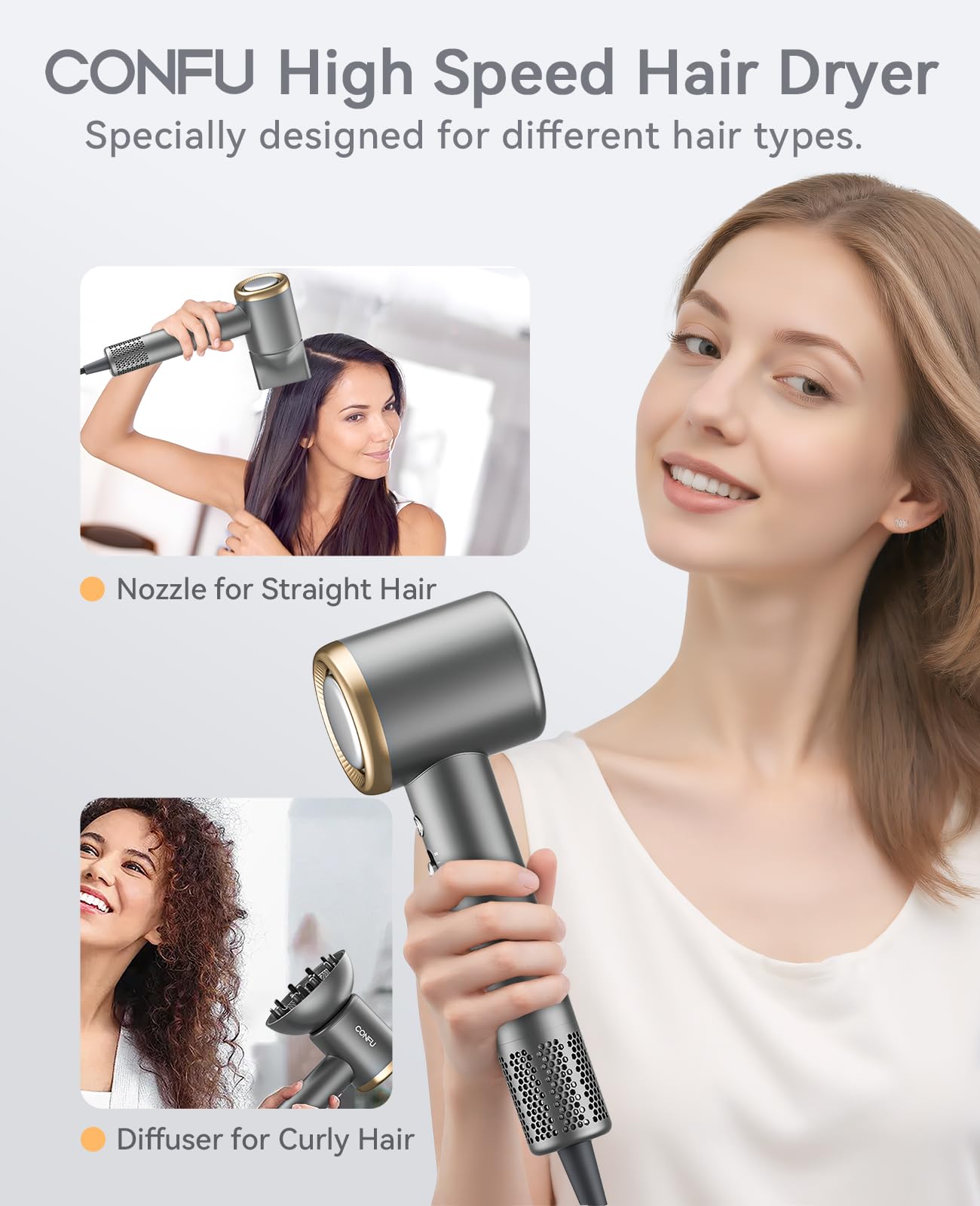 CONFU 1400W Professional Hair Dryer with Diffuser - 110,000 RPM High-Speed Ionic Blow Dryer for Fast Drying, Lightweight Design for Home & Travel Use, Includes Concentrator Nozzle for Women & Men - Perfect for Salon-Quality Styling at Home and On-the-Go
