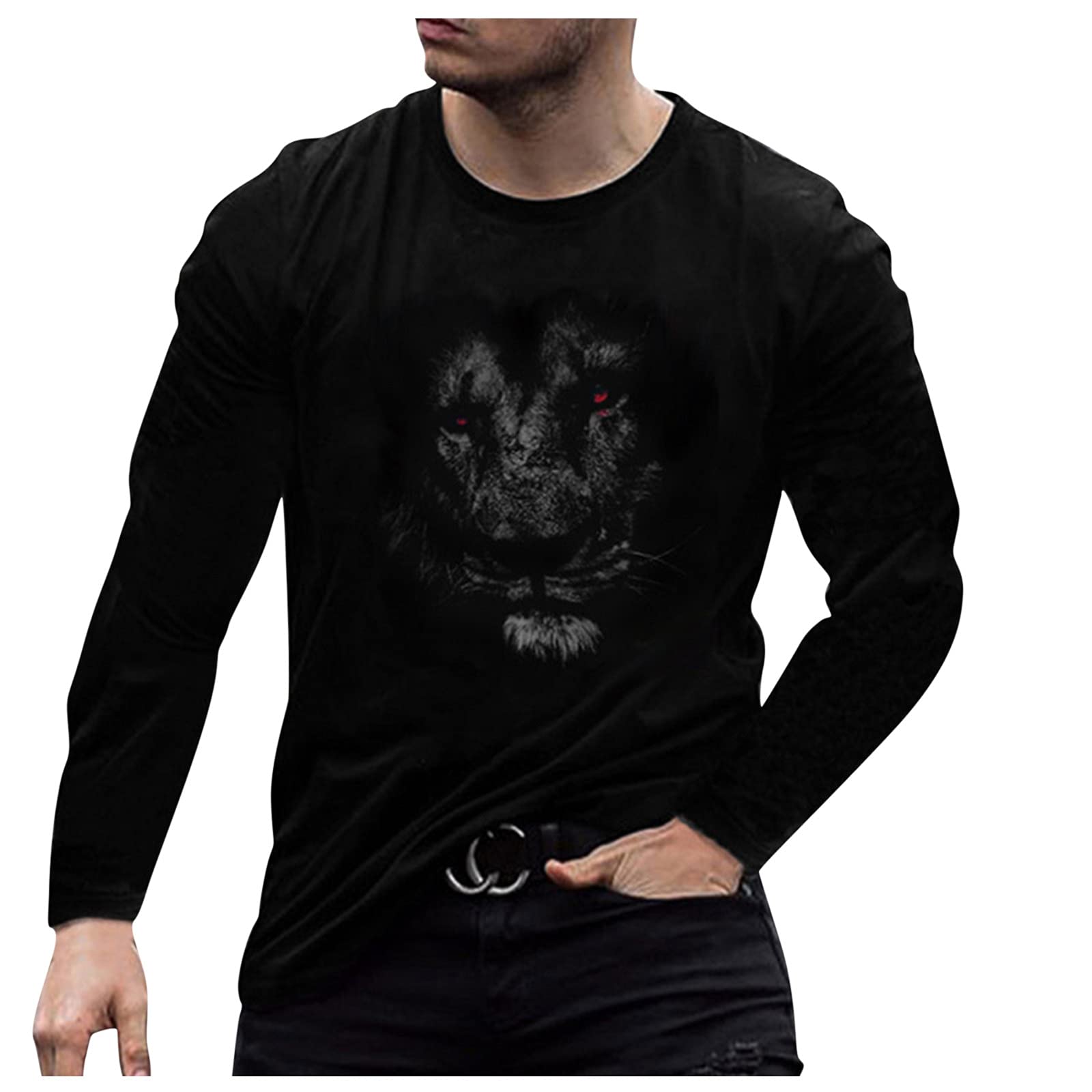 BEUU Men's 3D Lion Wolf Print Long Sleeve T-Shirt - Gym Workout, Hiking & Athletic Performance Tee - Fashionable Sweatshirt for Outdoor Adventures & Casual Wear