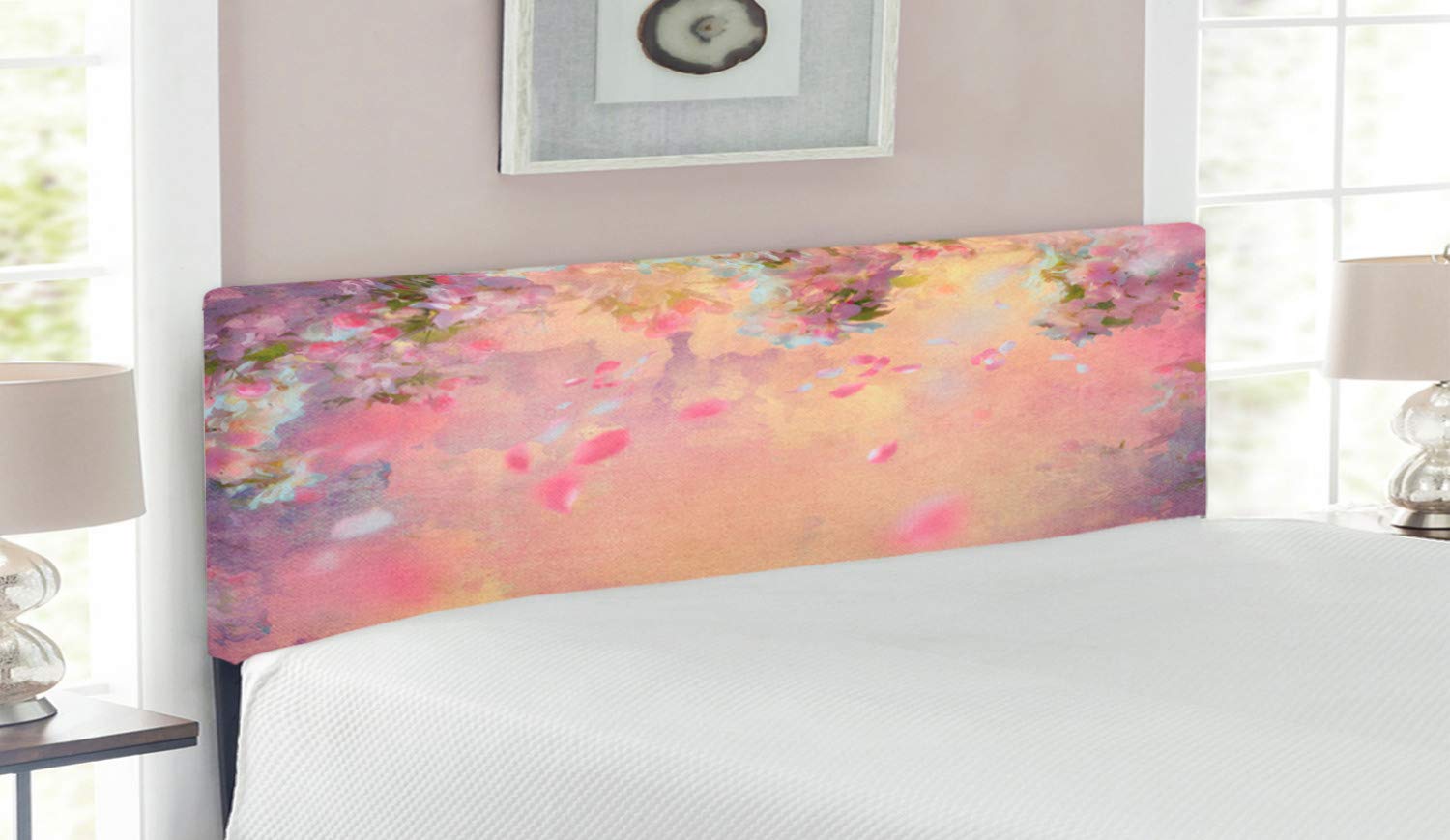 Ambesonne Queen Size Upholstered Metal Headboard with Memory Foam - Japanese Spring Nature Inspired Abstract Design in Peach Lavender | Decorative Bed Headboard for Master Bedroom, Guest Room & Cozy Bedroom Makeover