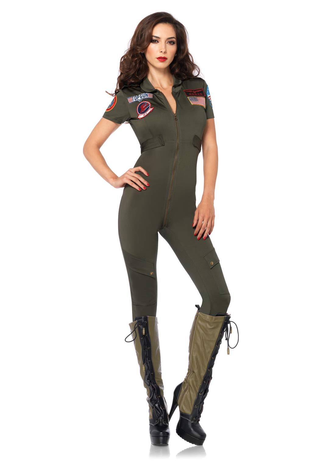 Leg Avenue Women's Top Gun Flight Suit Costume - Khaki Green Military Jumpsuit | Halloween Cosplay, Movie Theme Party, Airshow Event Outfit