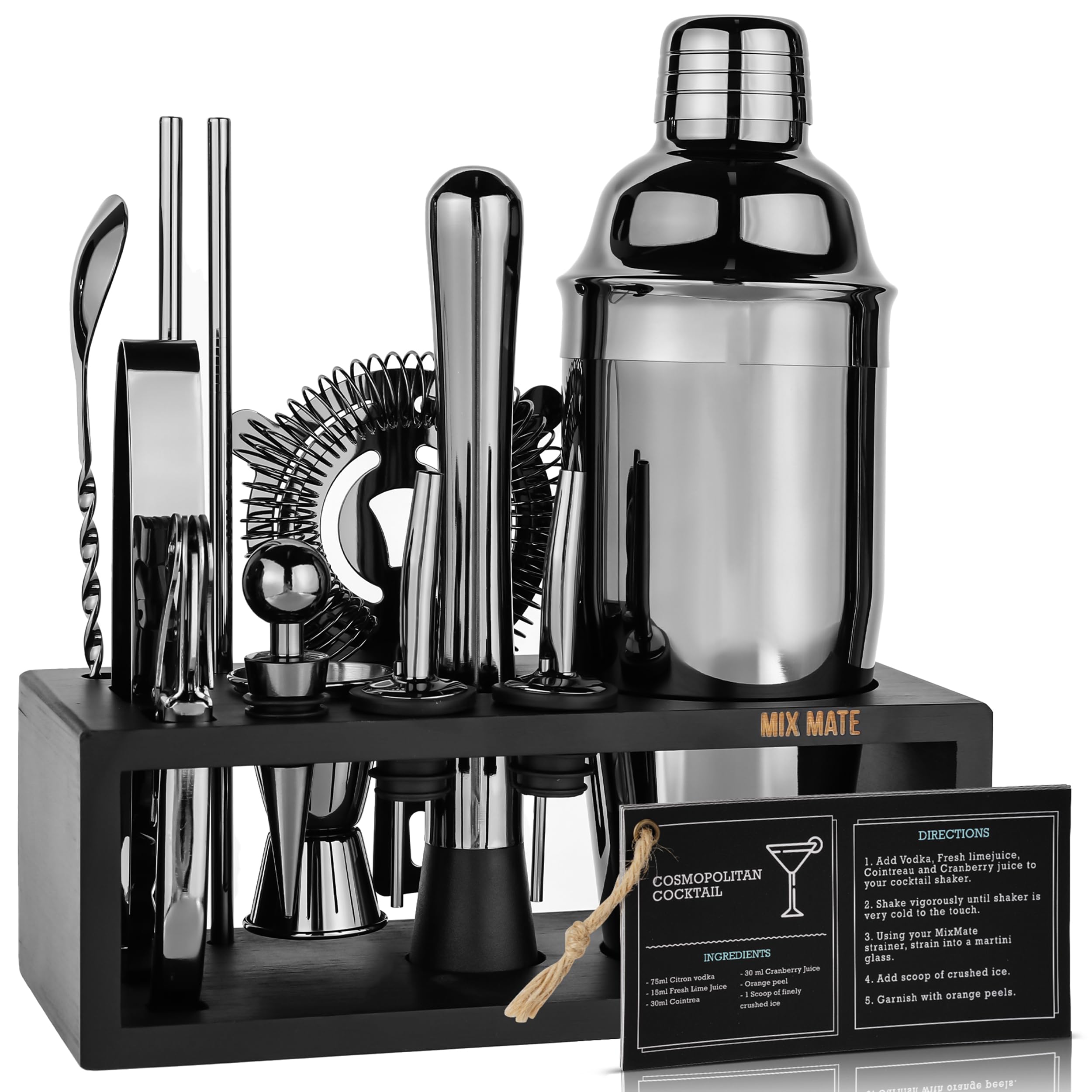 Premium 15-Piece Black Stainless Steel Cocktail Shaker Set with Wood Stand - Professional Bartender Kit Includes Drink Mixer, Bar Spoon, Jigger, Muddler, Strainer, Bottle Opener & More - Perfect for Home Bars, Parties & Mixology Enthusiasts