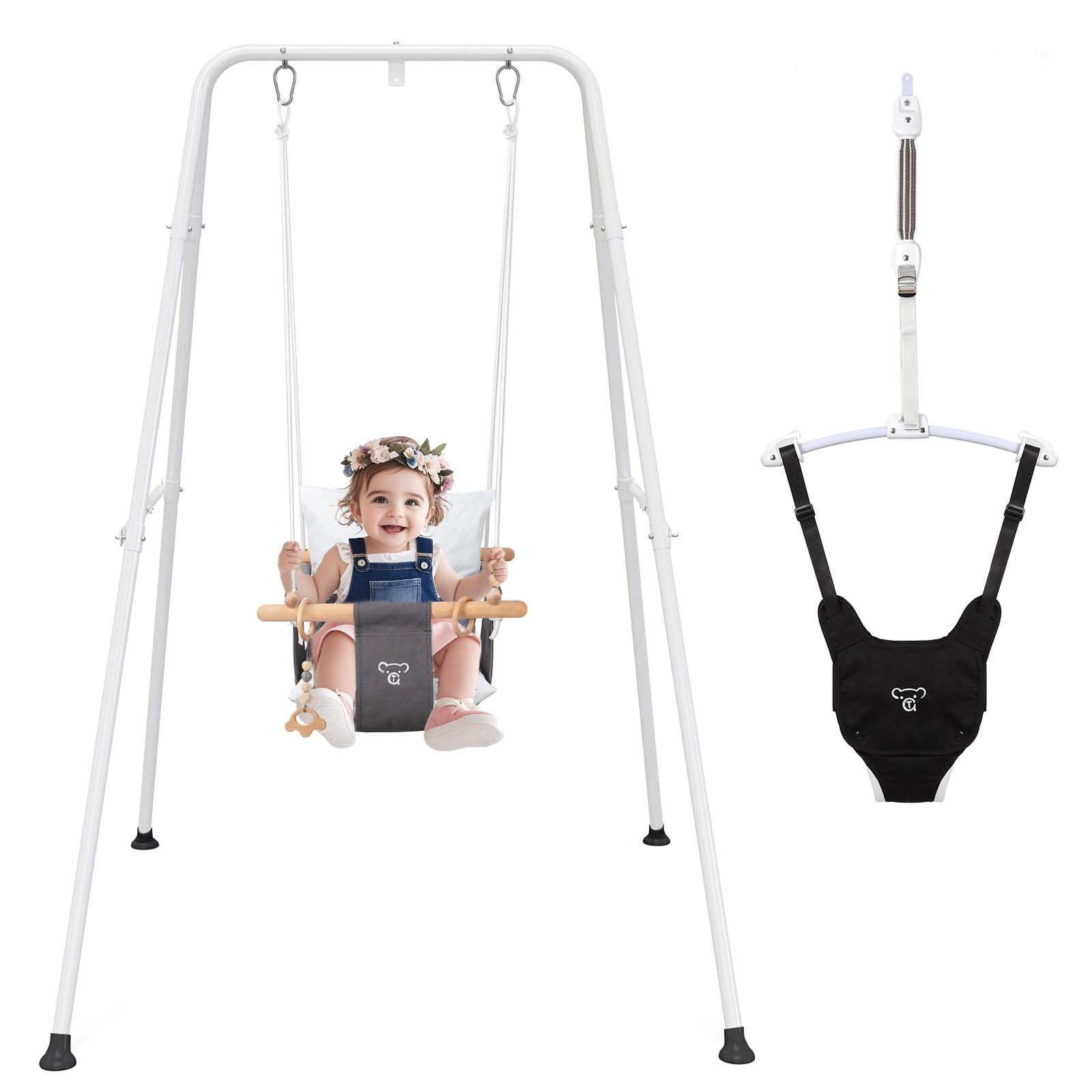 2 in 1 Baby Jumper with Toddler Swing - Indoor/Outdoor Baby Bouncer & Activity Center - Soft Cotton White Jumperoo for Infants 6-24 Months - Perfect for Playtime, Exercise & Development in Nursery, Backyard or Playroom