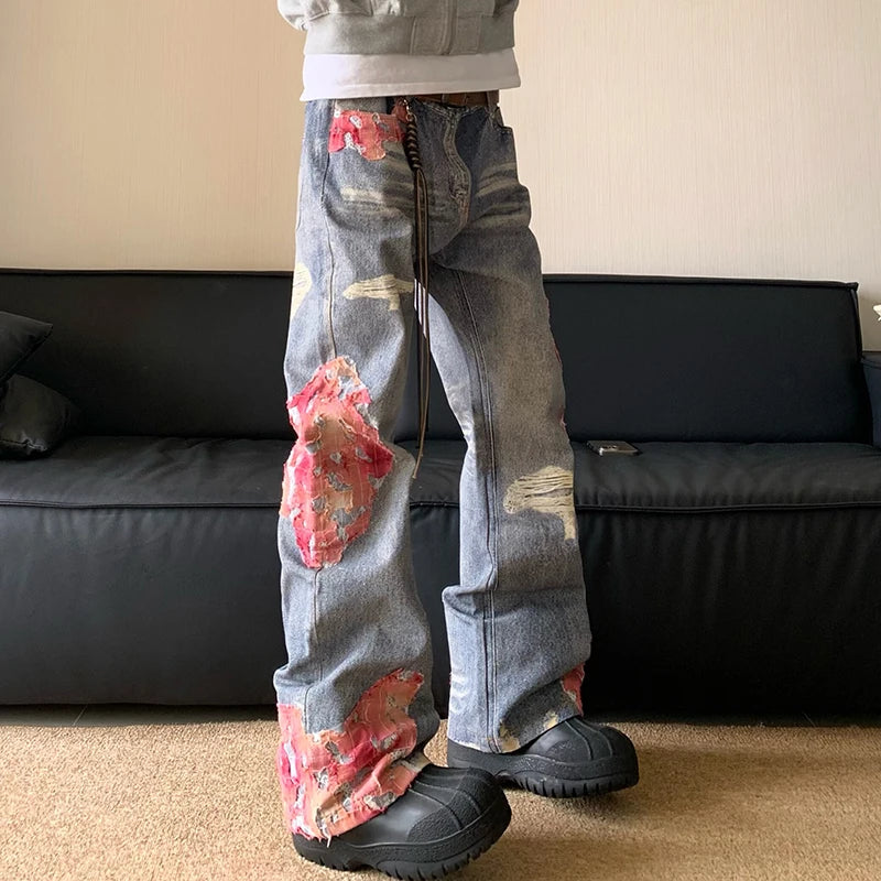 American Style High Street Denim Jeans for Men - Micro Horn Printing & Contrast Color Splicing | Trendy Streetwear Fashion | Perfect for Casual Outings, Parties and Urban Lifestyle