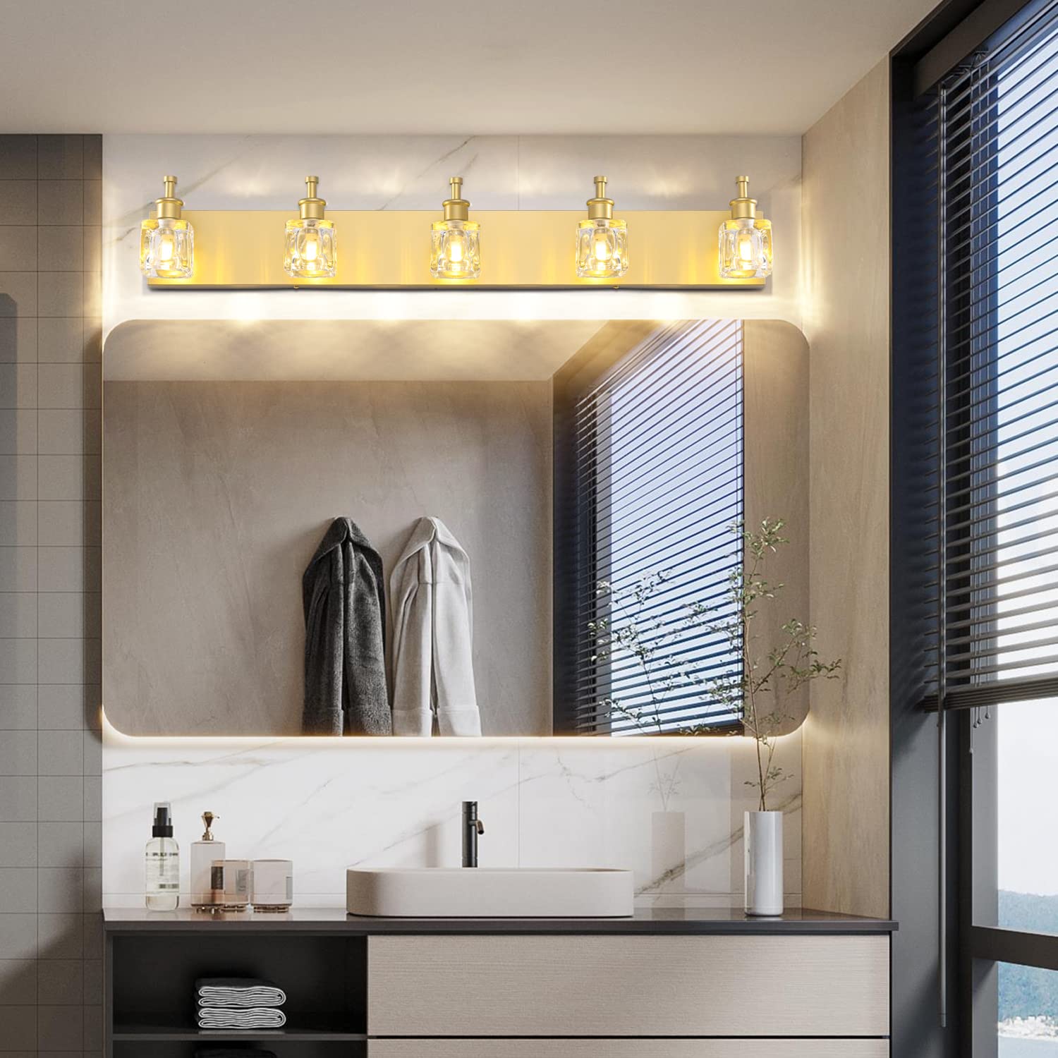 Modern Crystal Vanity Light Fixture - 5-Light Gold Bathroom Wall Sconce for Mirror Lighting, Elegant Bathroom Decor (Bulbs Not Included) - Perfect for Master Bath, Powder Room & Spa-Style Vanity Areas