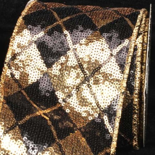 Sparkling Tartan Argyle Black and Gold Wired Craft Ribbon - 4 Inch x 10 Yards for Gift Wrapping, Holiday Decorations, DIY Crafts and Scrapbooking