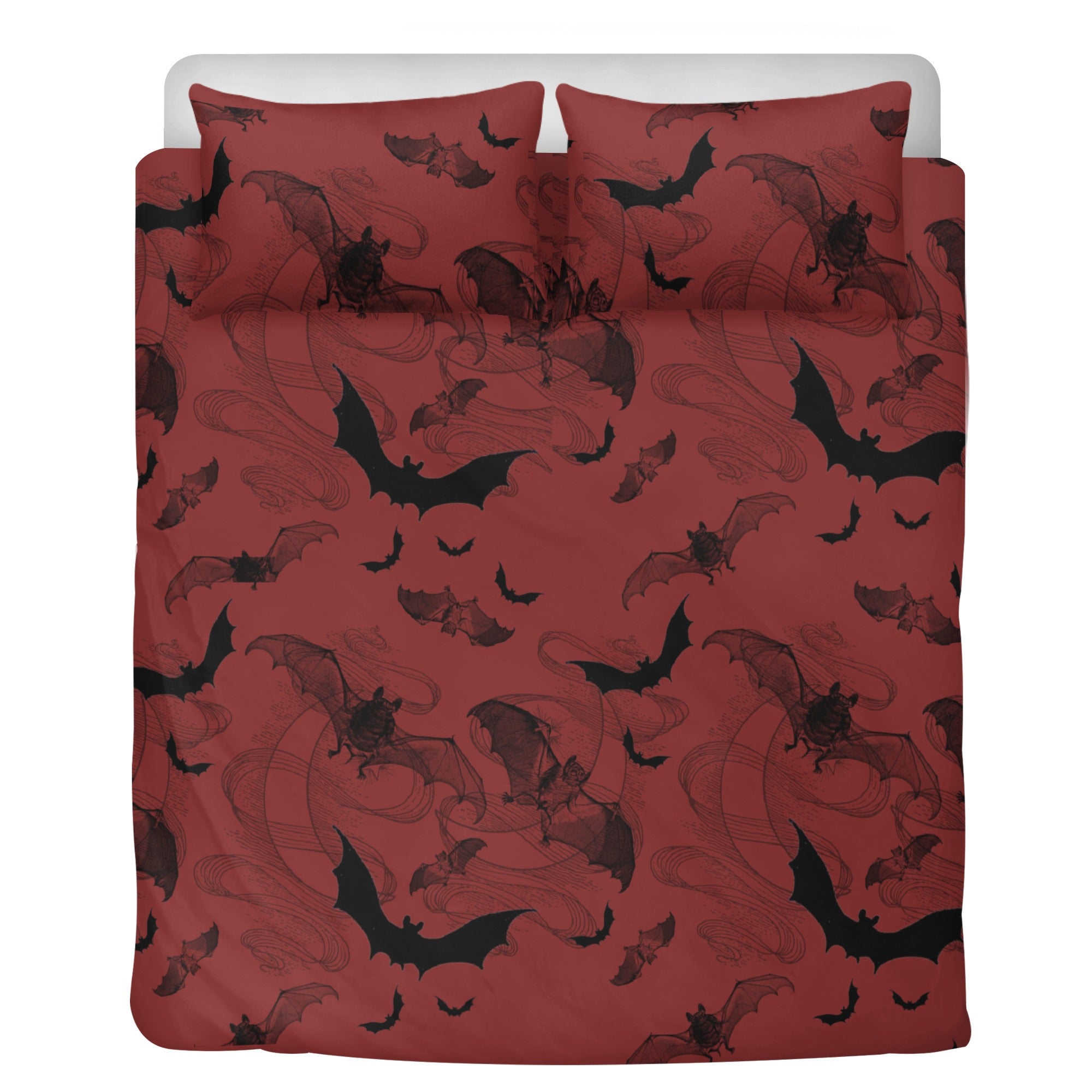 Gothic Bats on Red 3-Piece Bedding Set - Spooky Halloween Bedroom Decor for Goth & Horror Theme Rooms