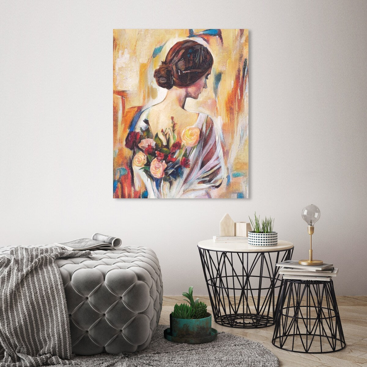 Modern White Canvas Wall Art Print with Back and Flowers - Elegant Female Beauty Floral Decor for Bedroom, Living Room & Home Office