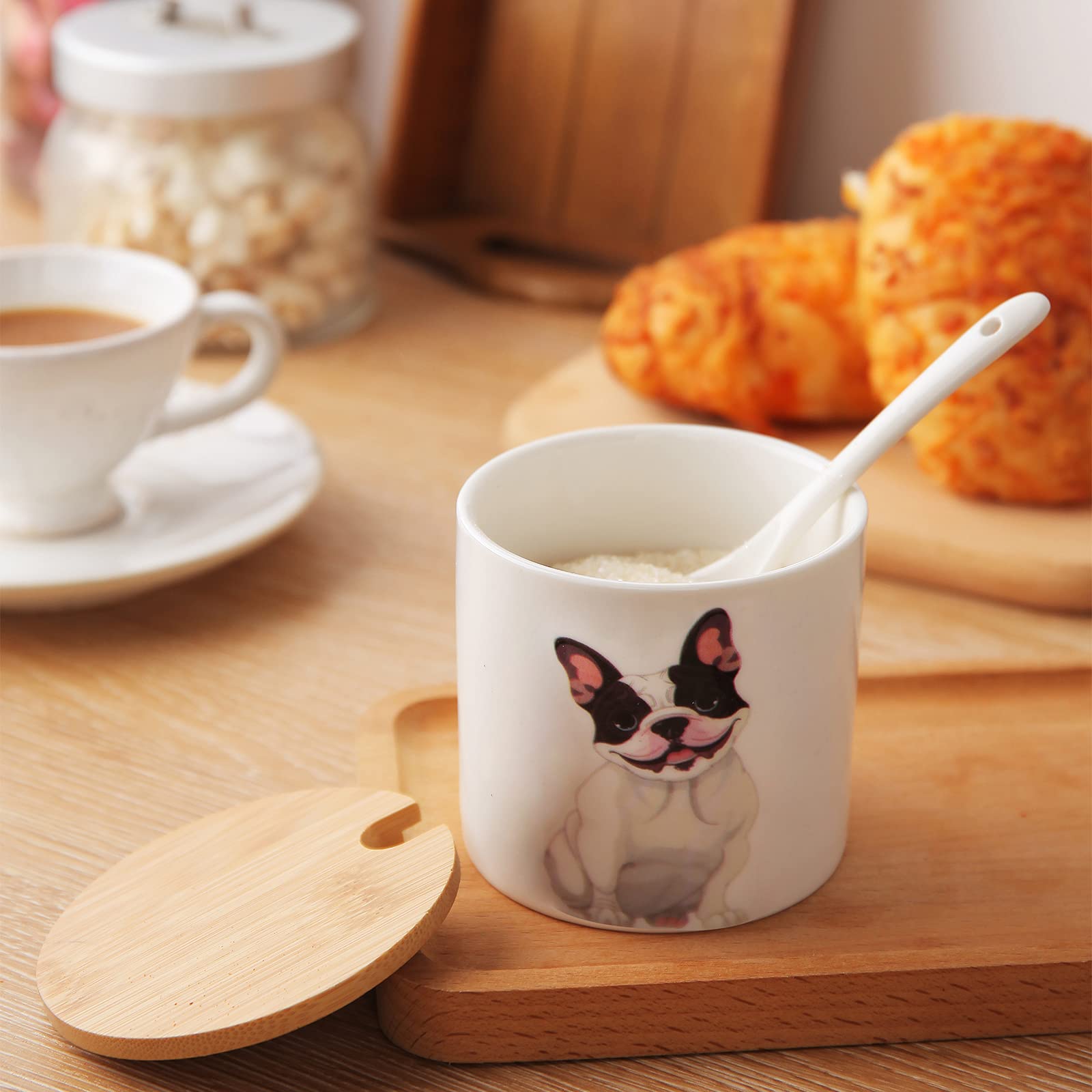 Ceramic Sugar Bowl with Wooden Lid & Stainless Steel Spoon - 9oz/266ml Dog Pattern Porcelain Sugar Container - Perfect for Coffee, Tea, Baking & Home Decor - Ideal Gift for Dog Lovers & Pet Owners