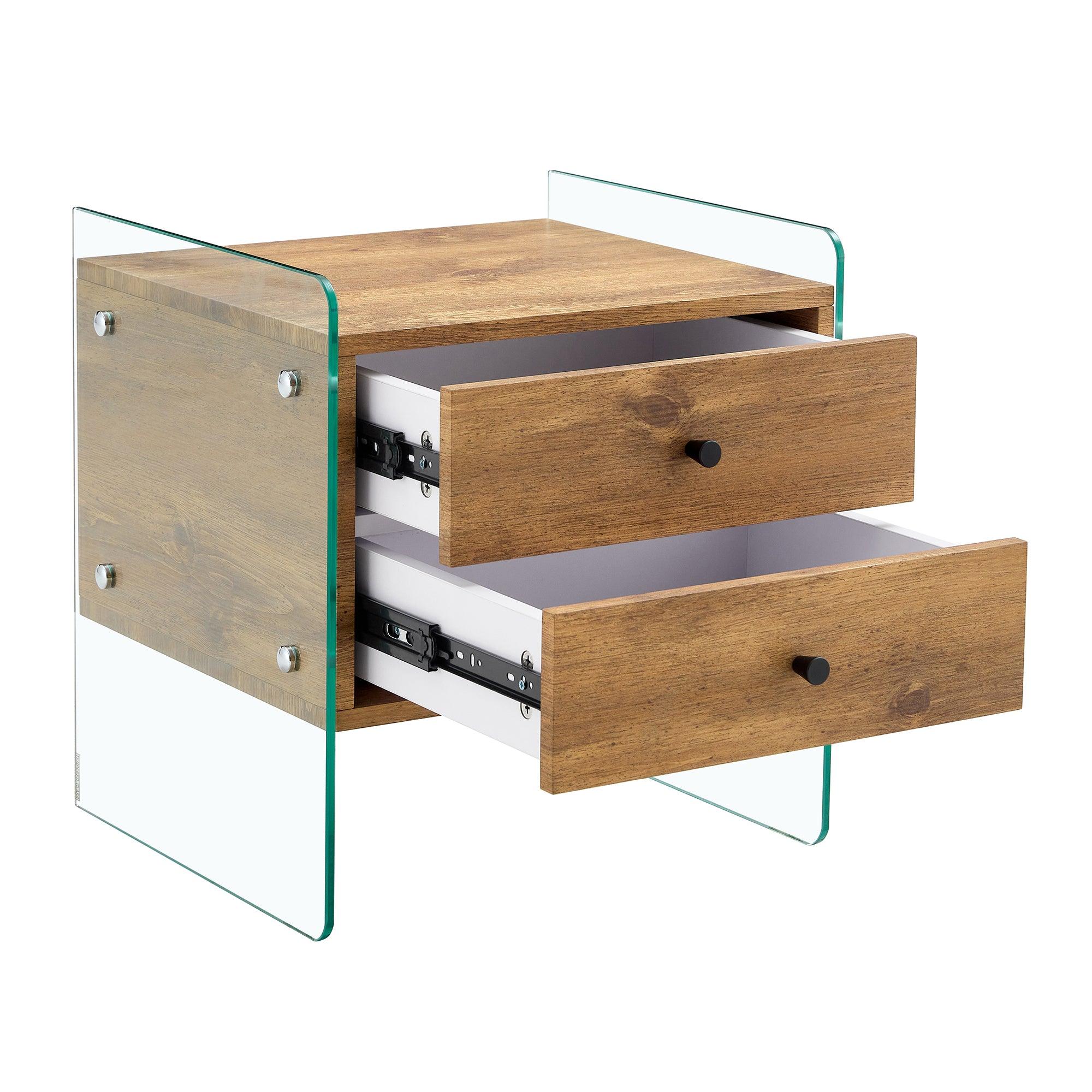 Modern Double Drawer Bedside Table with MDF Sticker Surface & Tempered Glass Sides - Elegant Design & Spacious Storage for Bedroom, Living Room, or Office