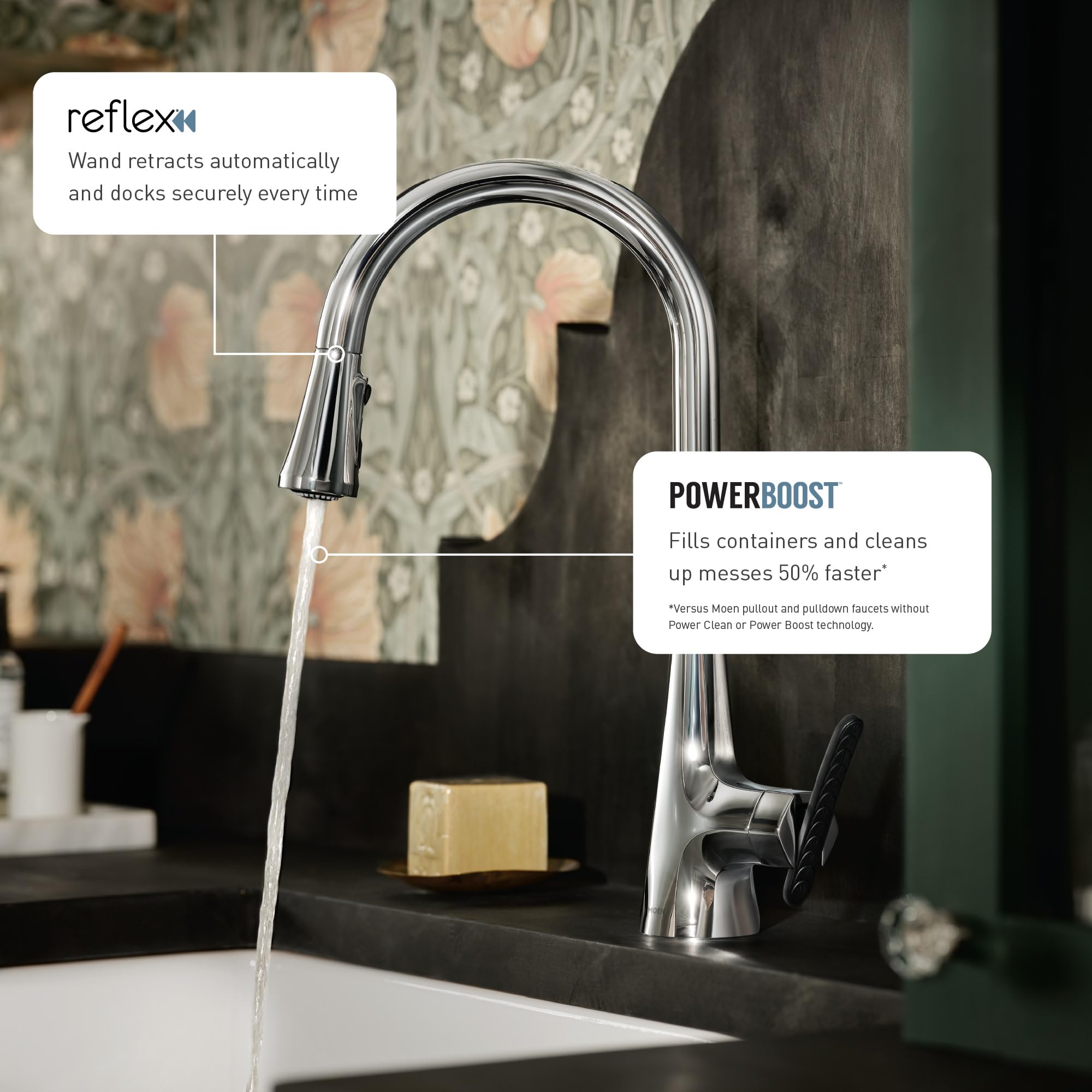 Moen Haelyn Chrome Single-Handle Pull-Down Sprayer Kitchen Faucet with Power Boost Technology - Fast Cleaning, Built-In Soap Dispenser (Model 87627) - Perfect for Modern Kitchens and Busy Households