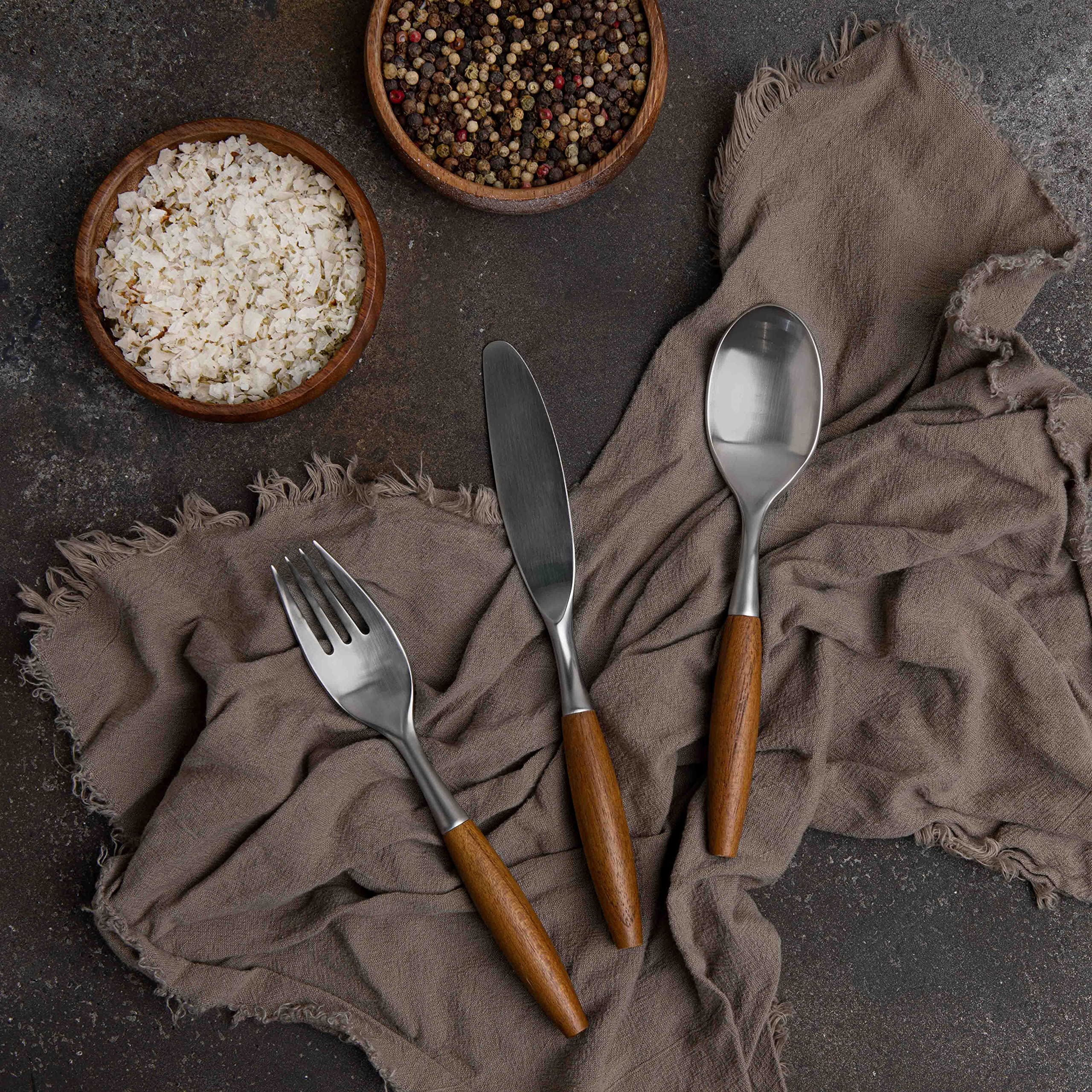 Premium Stainless Steel Flatware Set with Teak Wood Handles - 18-Piece Silverware Cutlery for Formal Dining & Everyday Use - Elegant Dansk Style Dinnerware for Restaurants, Weddings & Home Entertaining