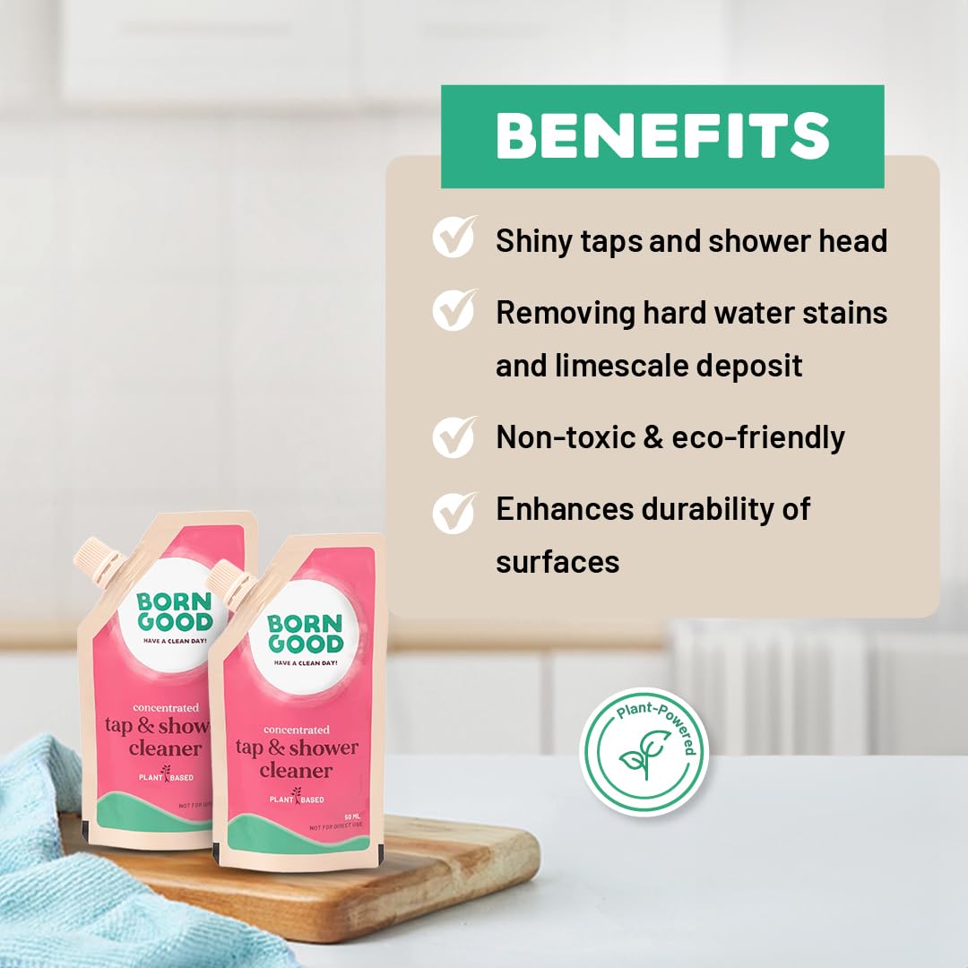 Born Good Plant-Based Concentrated Tap & Shower Cleaner - 50ml (Pack of 2) | Eco-Friendly, Biodegradable Formula | Removes Hard Water Stains & Limescale | Makes 1L Solution | Perfect for Bathroom, Kitchen & Household Cleaning