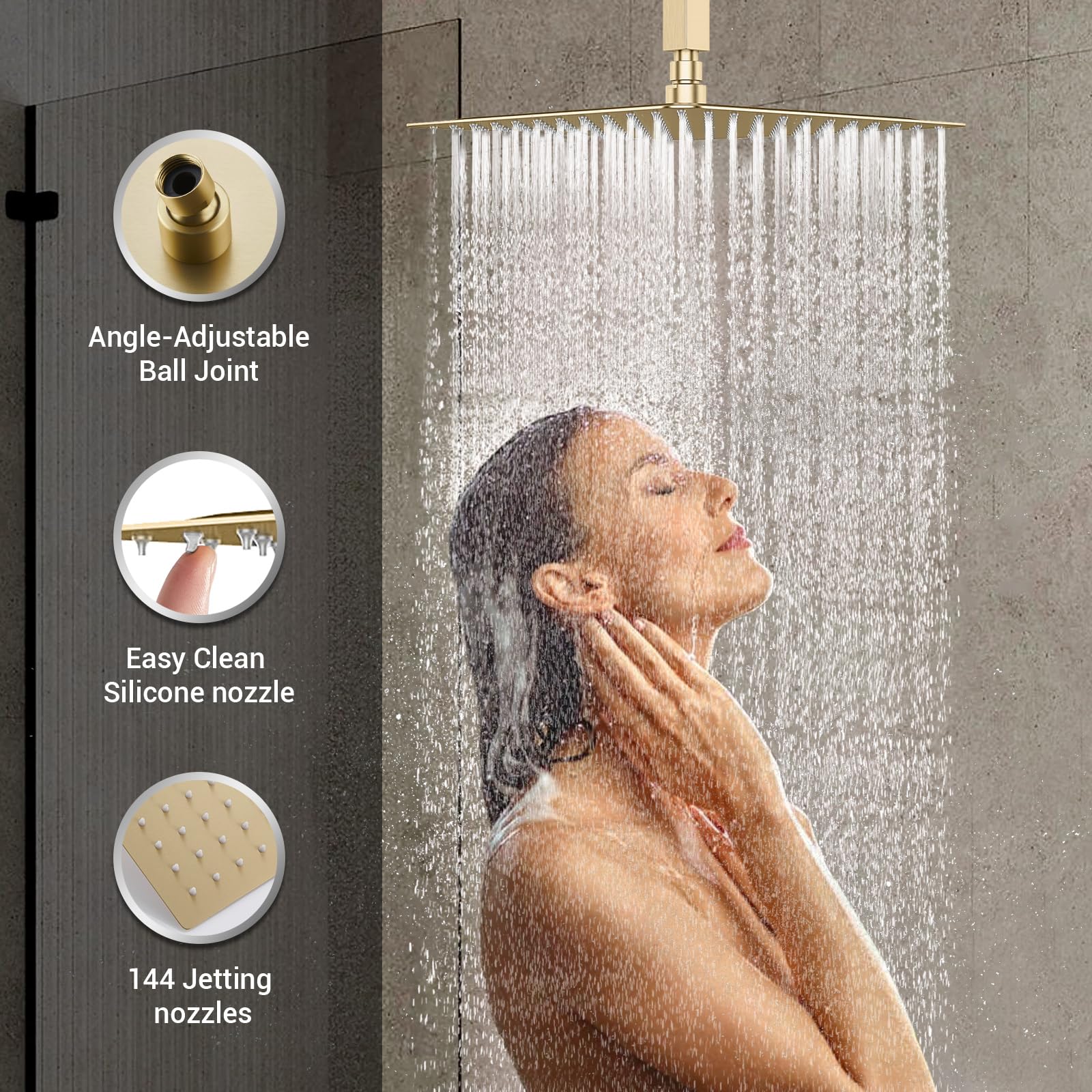 Brushed Gold Shower System - 4 PCS Body Spray Jets, 12’’ Rainfall Ceiling Shower Head & Handheld Spray | DASAN Full Body Shower Faucet Combo Set (SA-SS03BBG-S12C) for Luxury Bathroom & Spa Experience