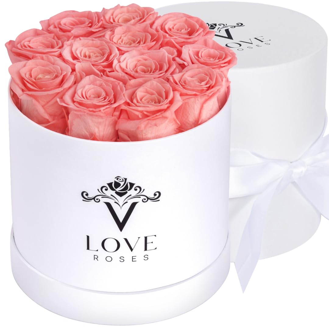 VLove® Preserved Real Roses in a Box - Natural Eternal Flowers That Last 1 Year | Valentine's Day, Anniversary & Romantic Gift for Wife, Girlfriend | Birthday, Wedding, Home Decor (Pink)
