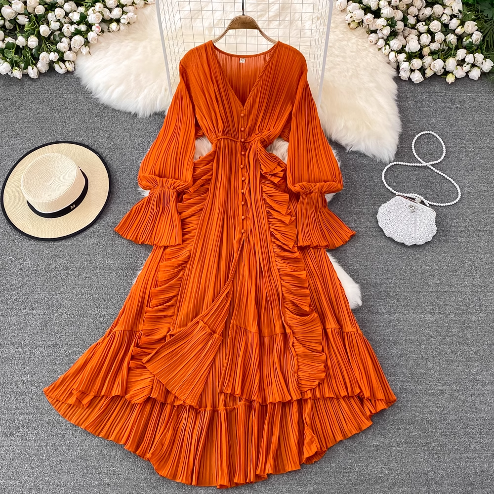 Elegant High Waist V-Neck Long Sleeve Swing Dress for Women - Perfect for Office, Party & Special Occasions