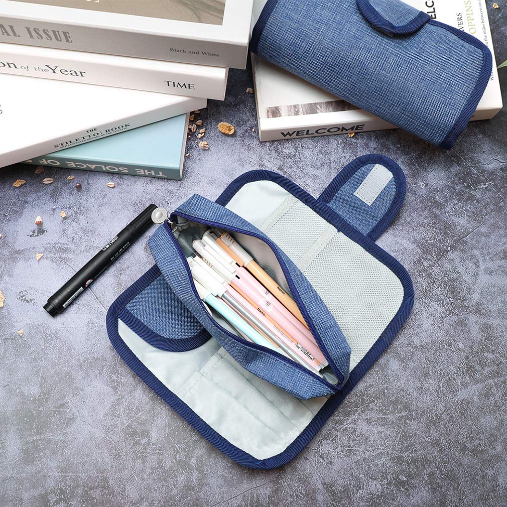 iSuperb Large Capacity Canvas Pencil Case - Removable Zipper Pouch for Stationery, Makeup & Cosmetics Organizer - Women's Denim Blue Storage Bag for School, Office & Travel Essentials