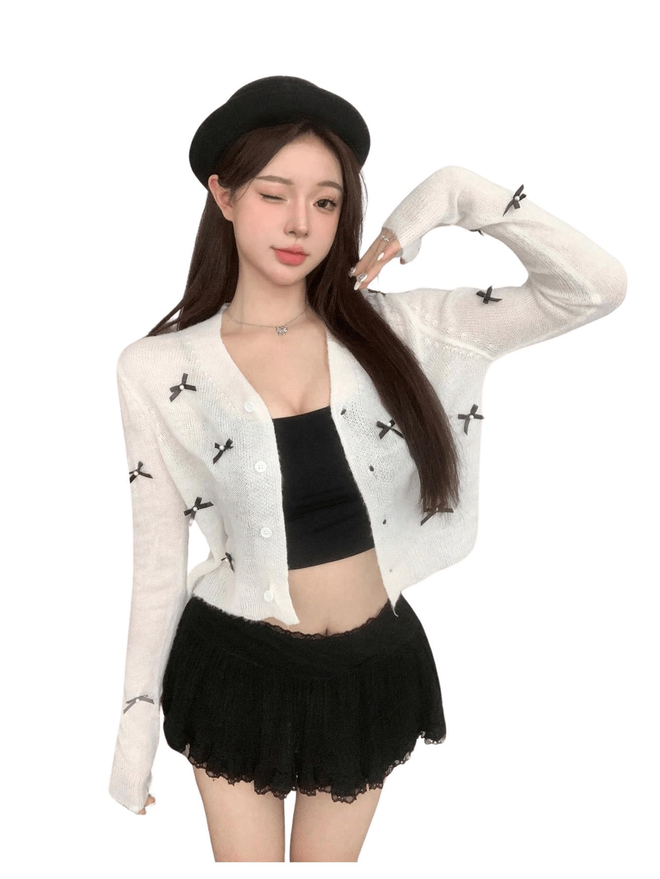 GORGLITTER Women's Cropped Knit Cardigan with Bow Buttons - Long Sleeve Button Down Sweater for Casual Outfits & Office Wear