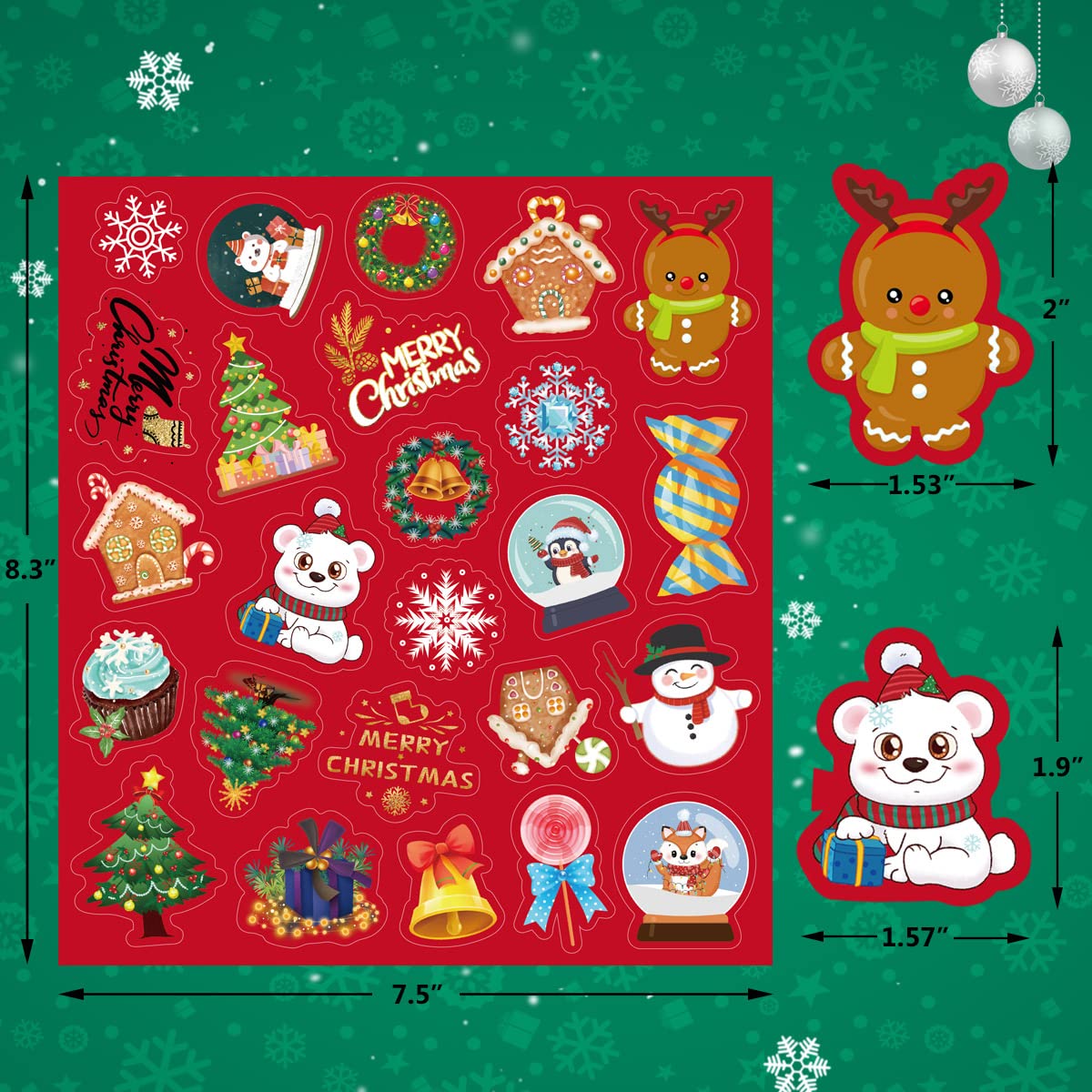 200 Christmas Stickers for Kids - Holiday Party Favors, 8 Sheets - Perfect for Classroom Activities, Gift Wrapping & DIY Crafts