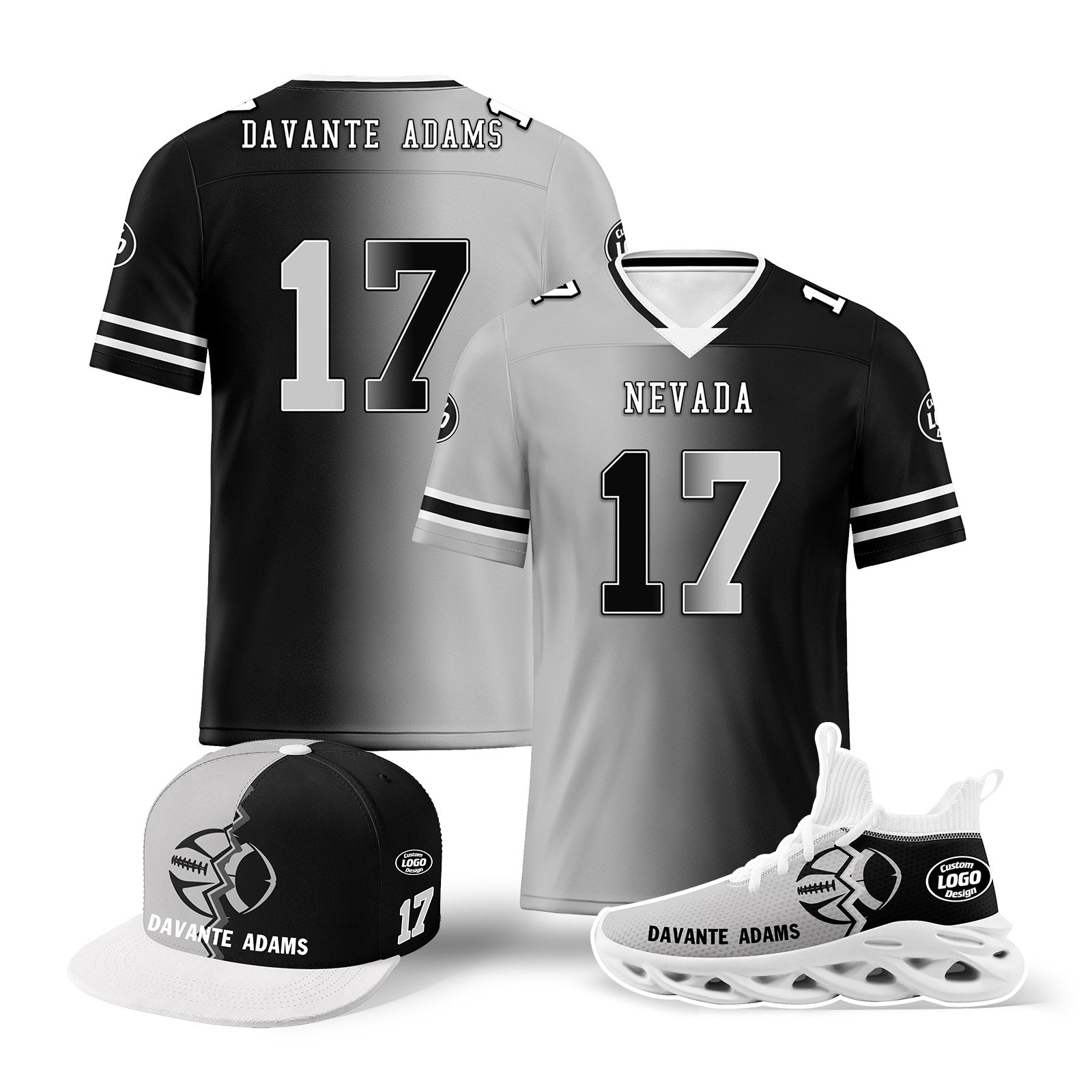 Custom Grey & Black Las Vegas Football Jersey with MaxSoul Shoes & Hat Combo - Personalized Sports Fan Gift Set for Men | Perfect for Game Day, Tailgating & NFL Fan Gear Collection