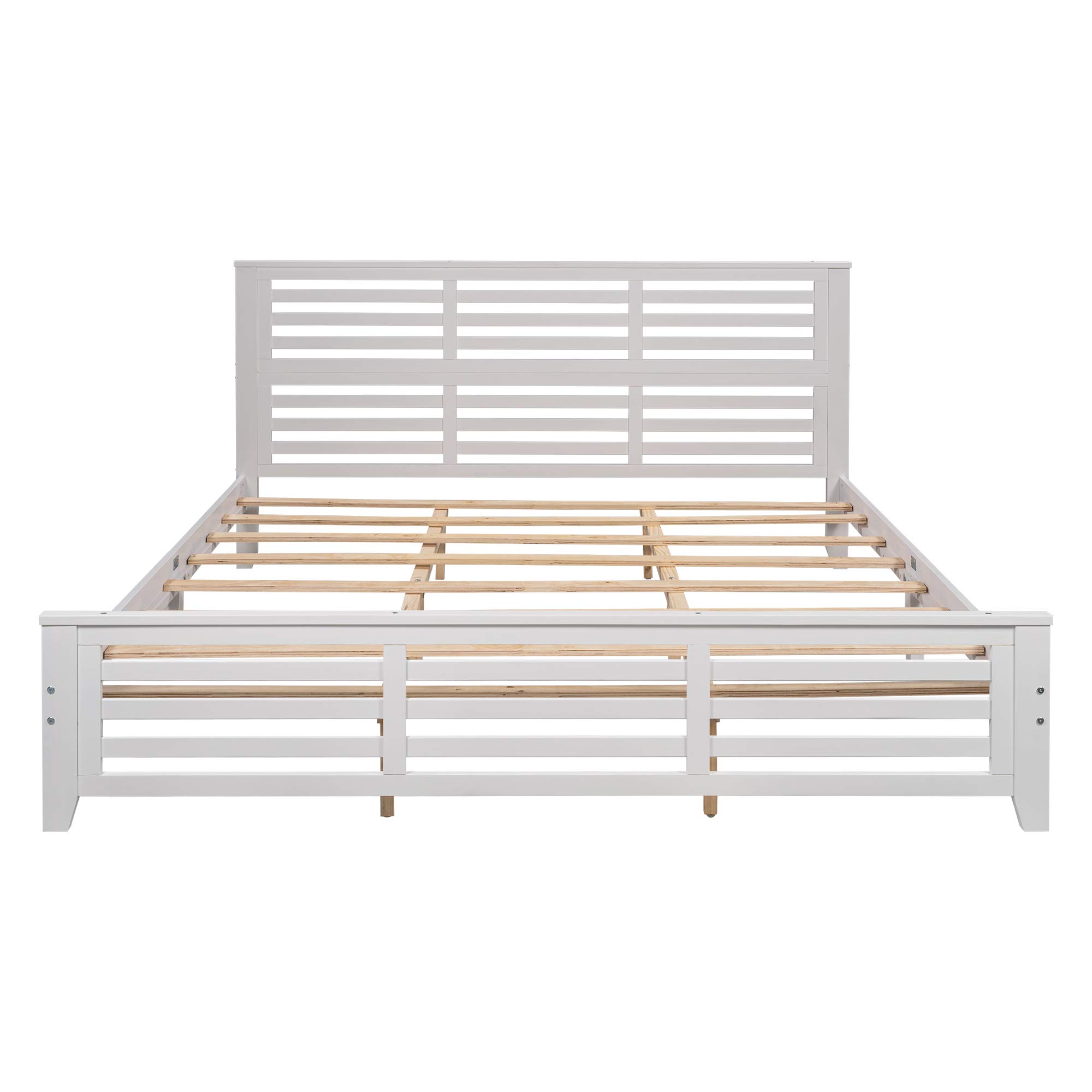 KLMM Solid Wood Platform Bed Frame with Headboard & Footboard - King Size, White - Heavy Duty Center Support & Wood Slats for Mattress - Easy Assembly for Bedroom, Guest Room, or Dorm