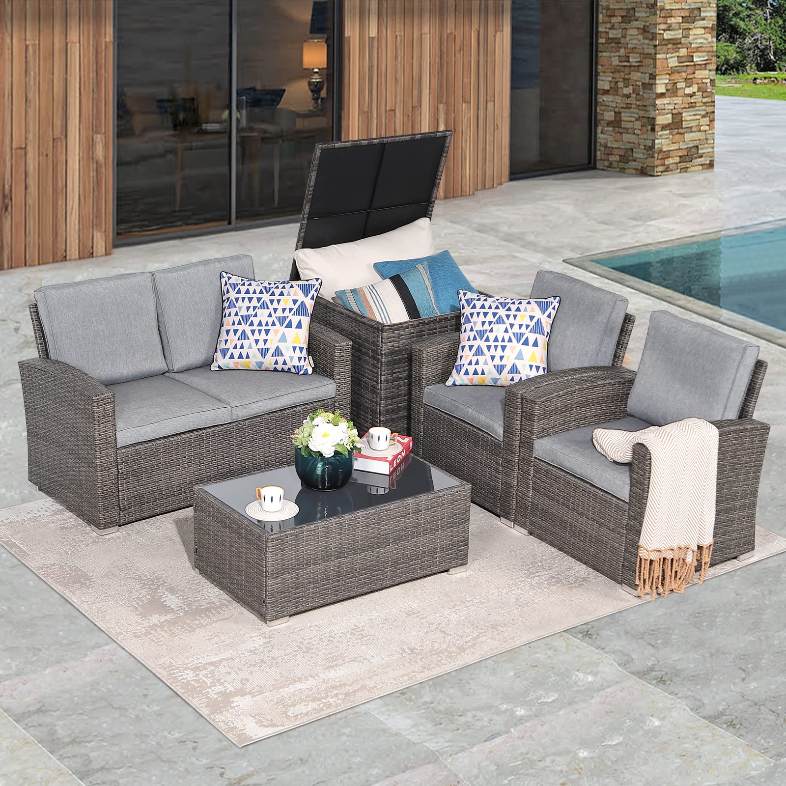 JOIVI PE Wicker 5-Piece Outdoor Patio Furniture Set - Gray Rattan Sectional Sofa with Storage Box, Tempered Glass Table & Light Gray Cushions - Perfect for Backyard, Poolside or Garden Relaxation