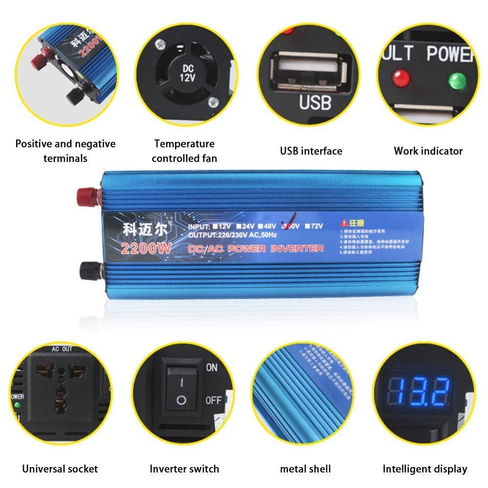 500W-2200W Car Power Inverter DC 12V/24V/48V to AC 220V with USB Ports - Portable Vehicle Power Converter for Trucks, RVs, Pickups - Ideal for Camping, Road Trips & Emergency Power Backup