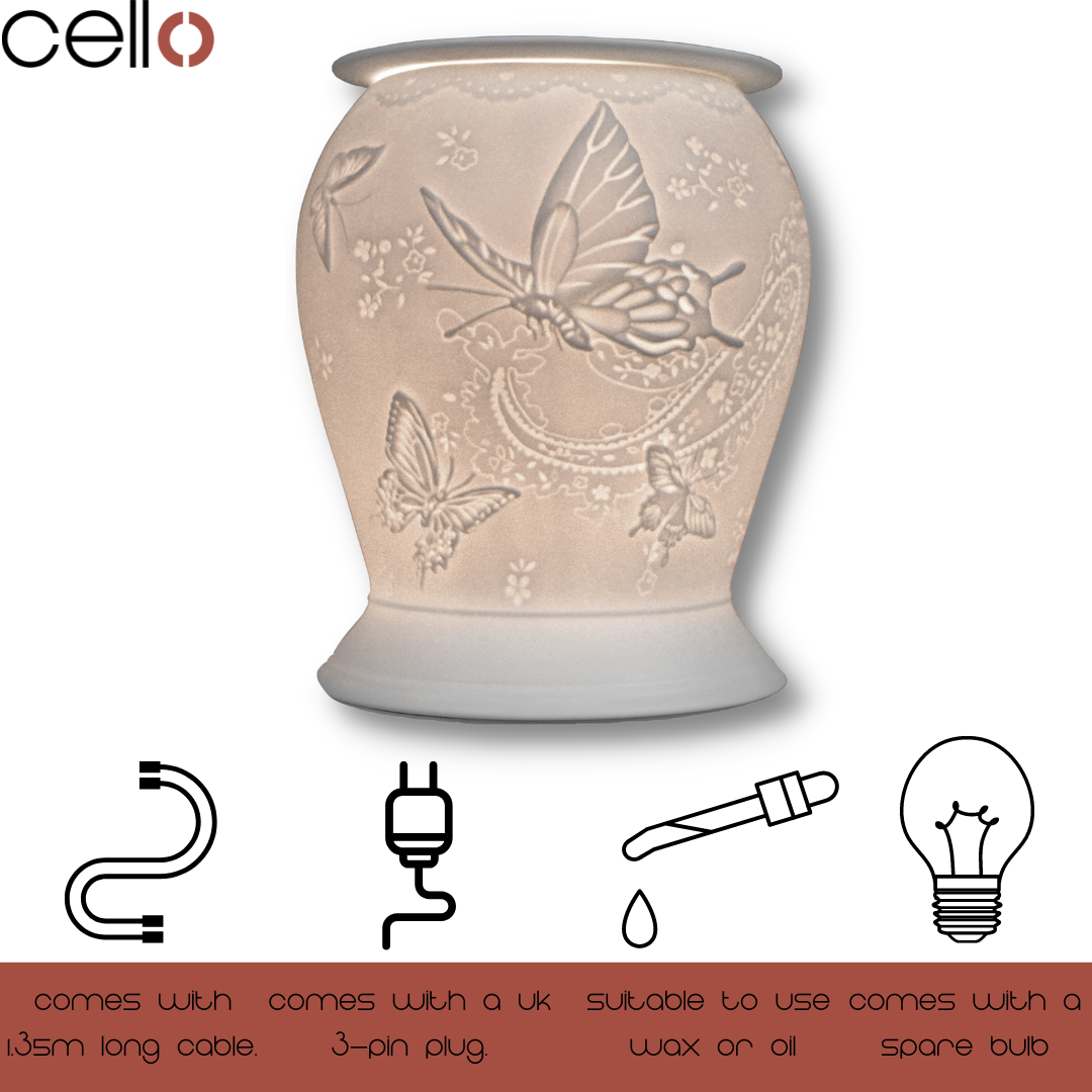 Electric Wax Warmer with Porcelain Barrel & Silk Wings - Aromatherapy Diffuser for Home, Office, Spa Relaxation | Cello Design Scented Wax Melter for Stress Relief & Mood Enhancement