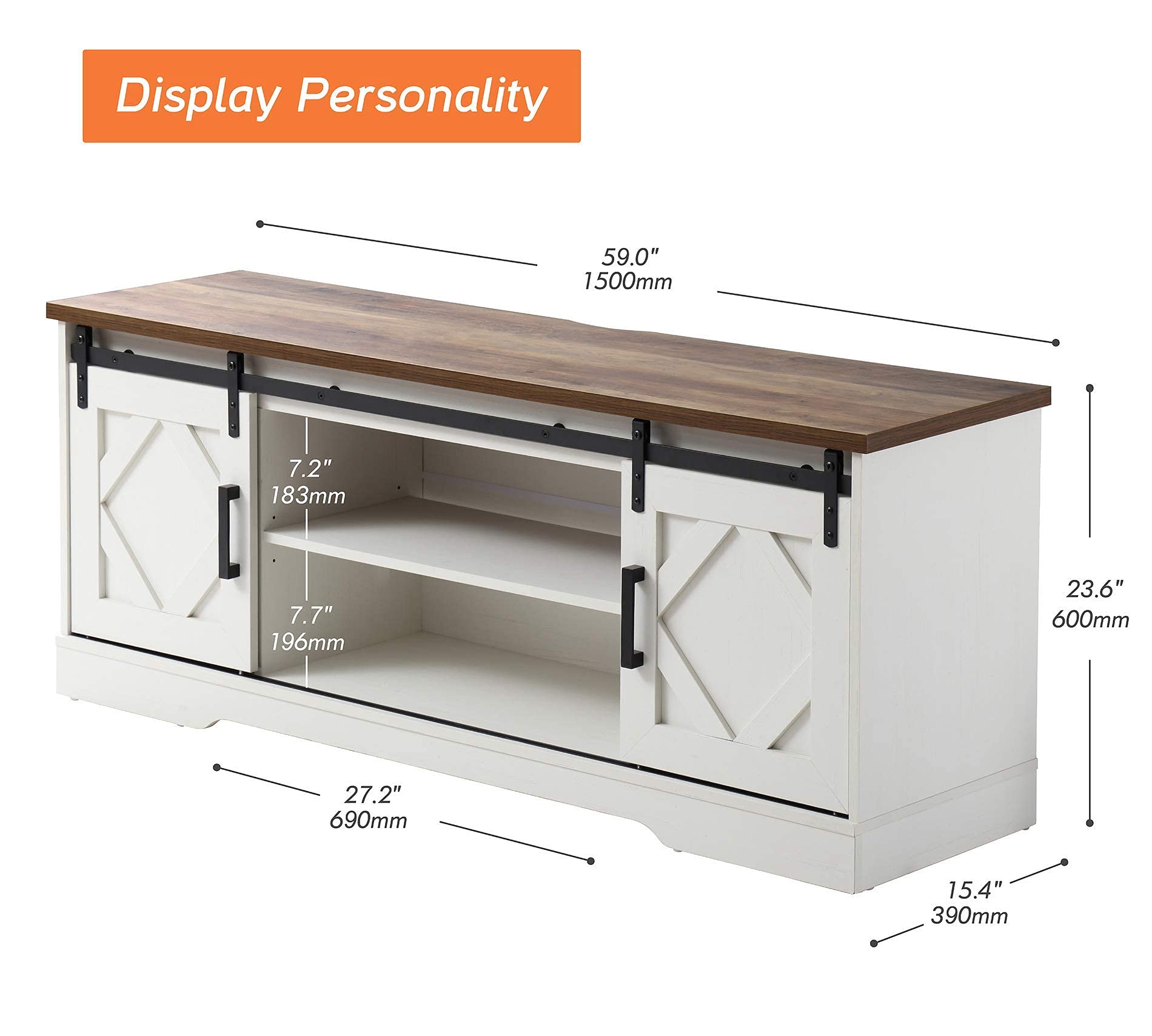 WAMPAT 65 Inch Farmhouse Sliding Barn Door TV Stand - Modern Wood Media Console with 3 Adjustable Shelves, Storage Cabinet for Living Room - White/Oak Finish - Perfect for Home Theater & Entertainment Setup