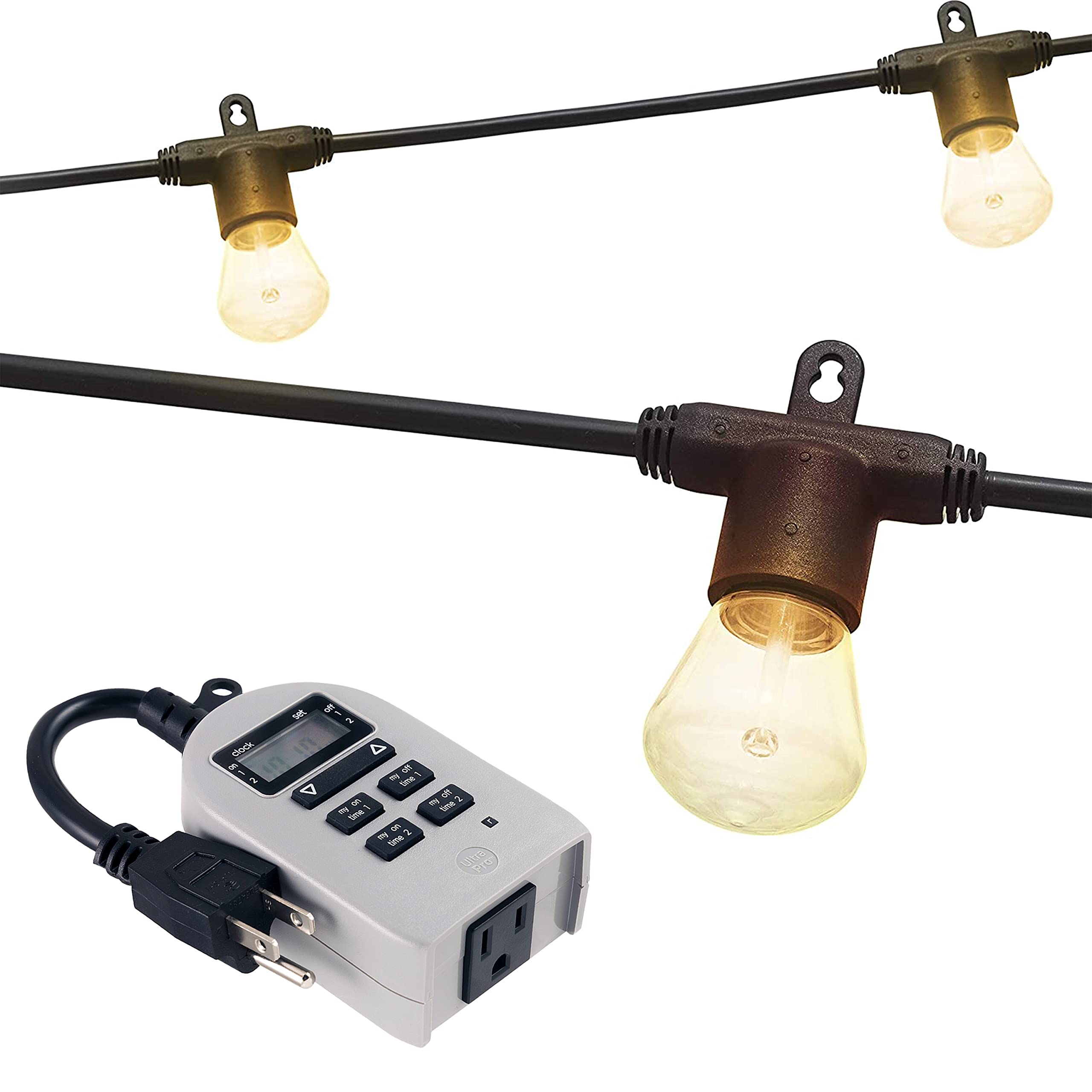 Enbrighten 48ft LED Bistro String Lights with 24 Blow Molded Bulbs - Polarized Indoor/Outdoor Cafe Lights + UltraPro Digital Timer - Perfect for Patio, Garden, Wedding & Backyard Decor