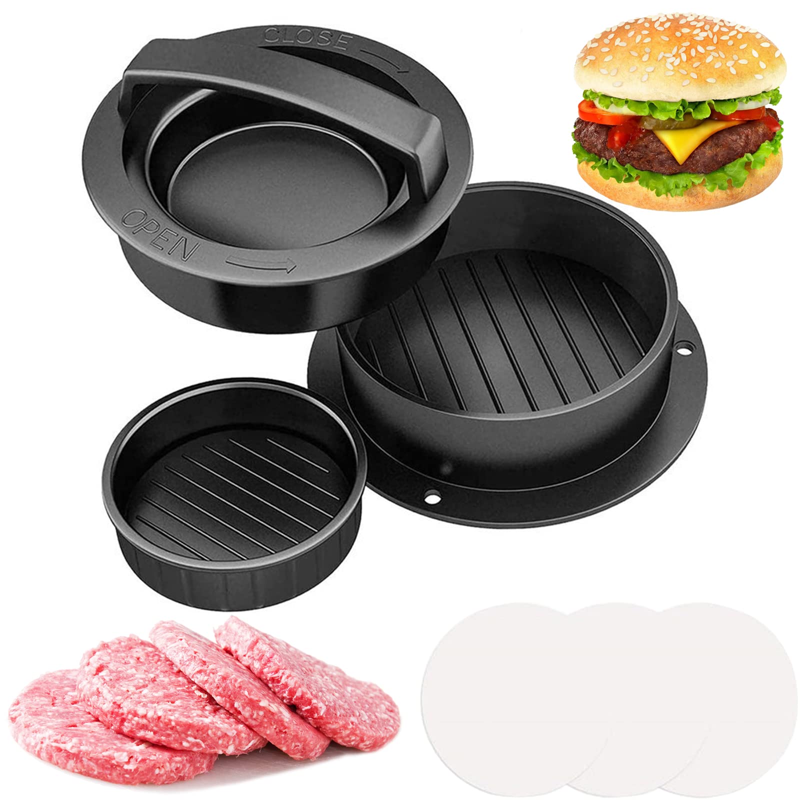3-in-1 Non-Stick Hamburger Patty Press Maker with 50 Wax Papers - Perfect for BBQ, Backyard Grilling & Homemade Burgers - Create Juicy Patties for Sliders, Regular & Large Burgers