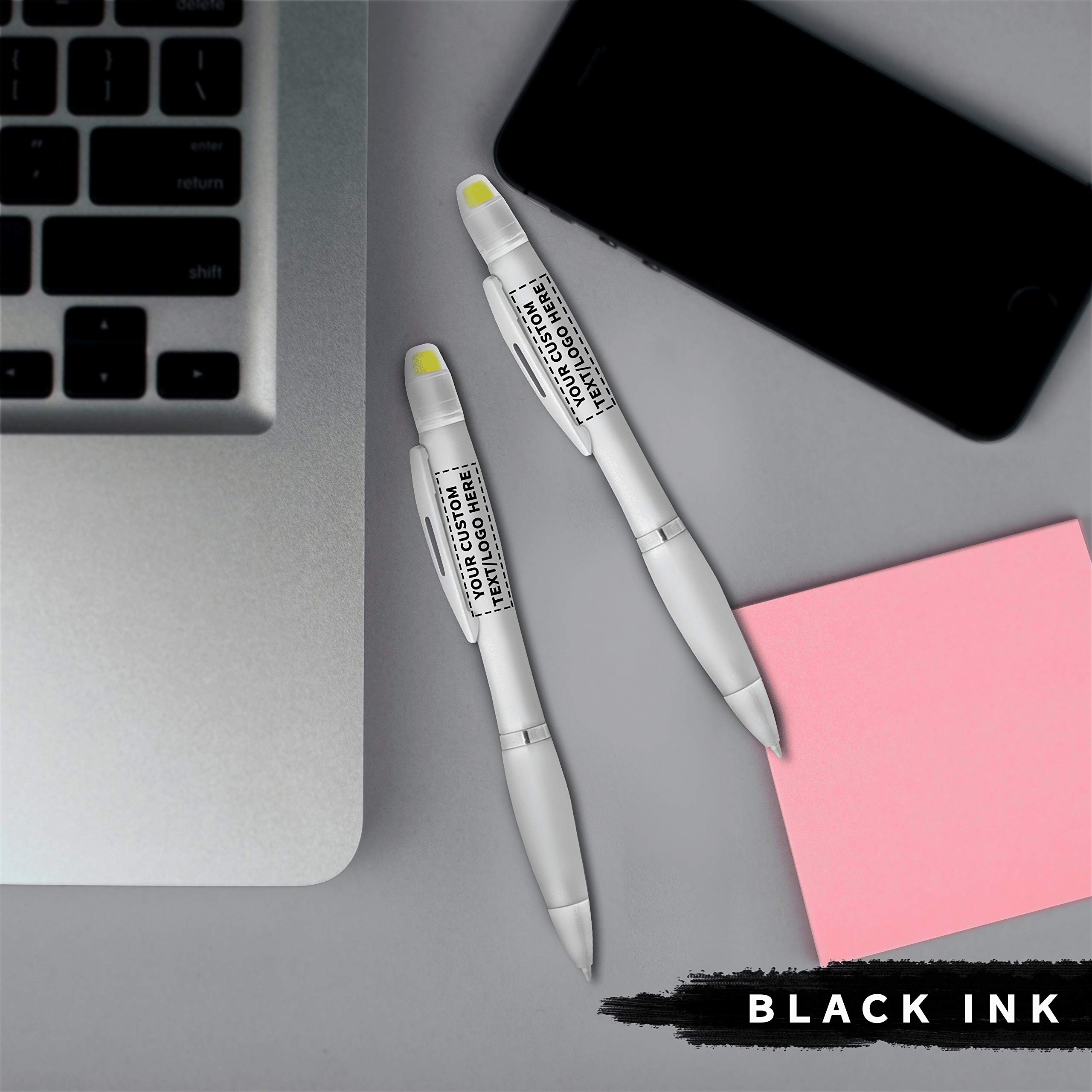 100 Pack Marathon Gel Highlighter Pens - Customizable Text & Logo - Twist Mechanism Ballpoint Pens - Silver - Perfect for Office, School, Study & Note Taking