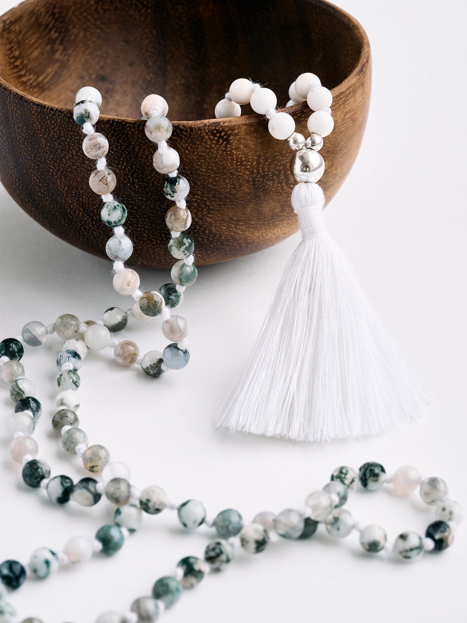 Tree Agate & Mother of Pearl Mala Bead Necklace - Meditation, Yoga & Spiritual Healing Jewelry for Mindful Practice