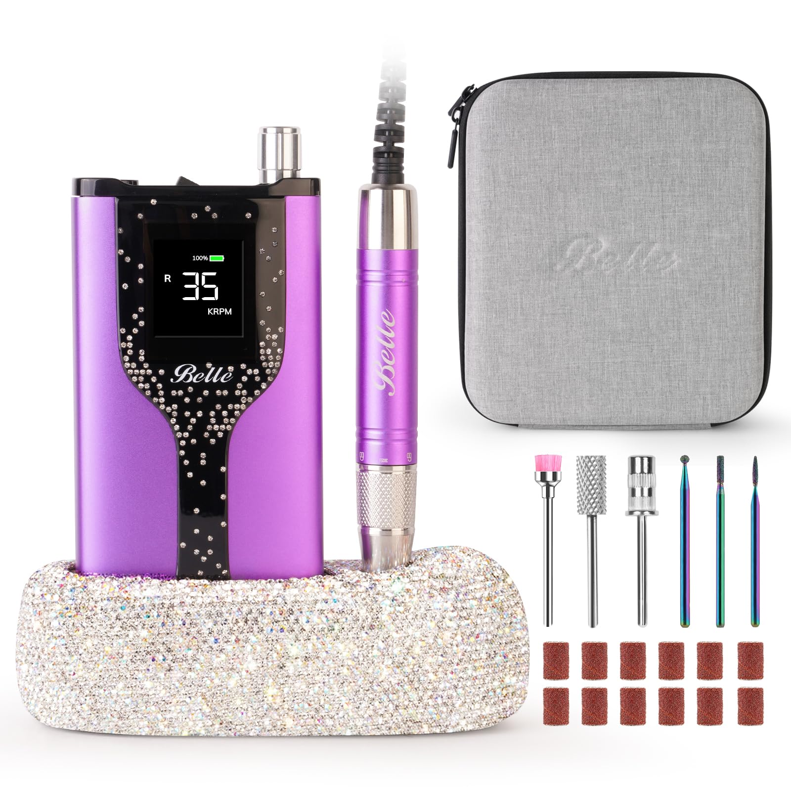 Belle Professional Nail Drill Machine - 35000RPM Brushless Motor, Cordless Rechargeable Nail File for Acrylic & Gel Nails with Diamond Charging Base & Carrying Case (Bling Purple) | Perfect for Salon, Home Manicures & Nail Art DIY