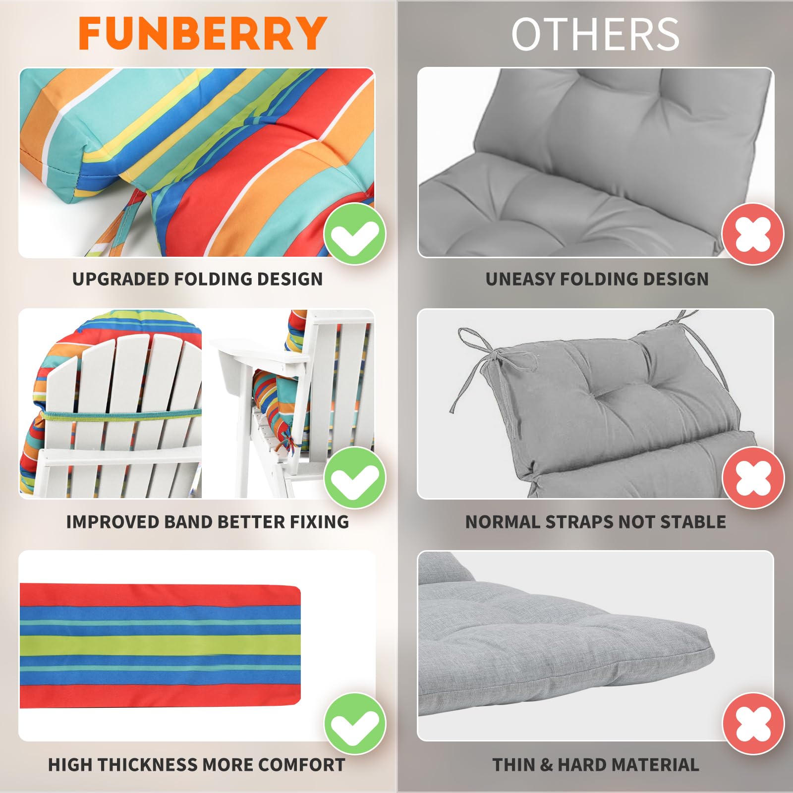 **FUNBERRY 4-Piece Patio Chair Cushions Set – Thick, Comfortable, Non-Slip, Waterproof & Fade-Resistant with Ties – Perfect for Rocking Chairs, Outdoor Lounging, and Backyard Relaxation**