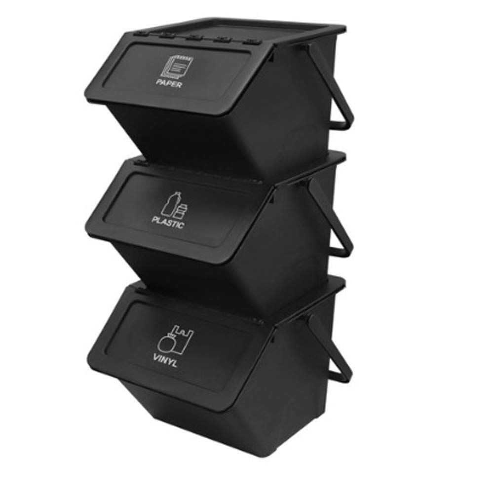3 Pack Stackable Recycling Bins with Lids & Handles - 70L Capacity Black Organizer Containers for Home, Office, Kitchen & Garage Storage