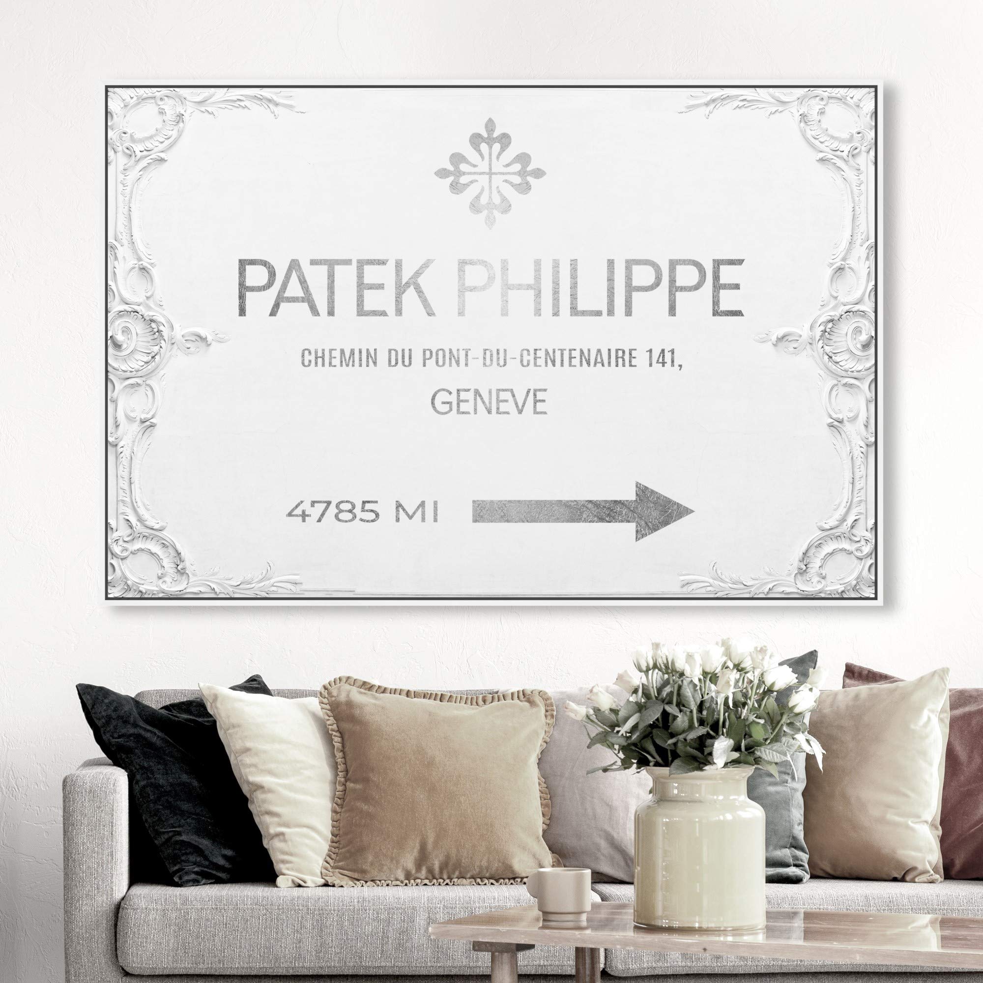 Oliver Gal Artist Co. Fashion & Glam Wall Art Framed Canvas Print - Geneva Watches Road Signs Home Decor, 45x30 Inches, Gray & White - Perfect for Living Room, Bedroom & Office Wall Decor