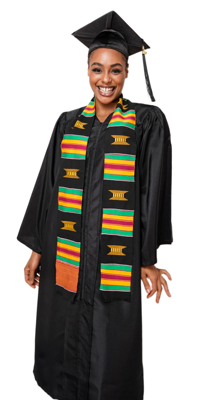 Black and Gold Handwoven Kente Cloth Graduation Stole - Authentic African Heritage Sash DP2169BLK | Perfect for Graduation Ceremonies, Cultural Events & African Pride Celebrations