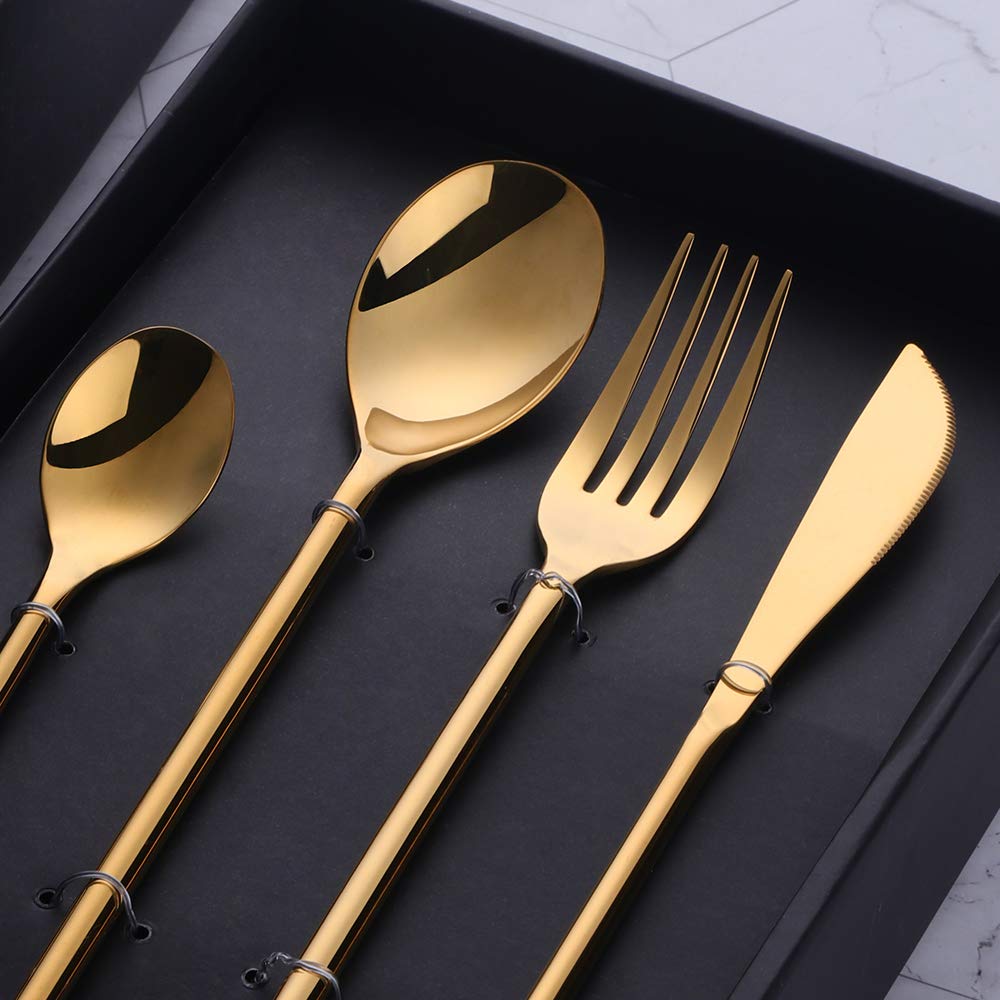 Premium 20-Piece Silverware Set - 18/10 Stainless Steel Flatware with Mirror Polish & Gold Accents - 5-Person Dining Set in Gift Box - Dishwasher Safe - Perfect for Dinner Parties, Weddings & Everyday Use