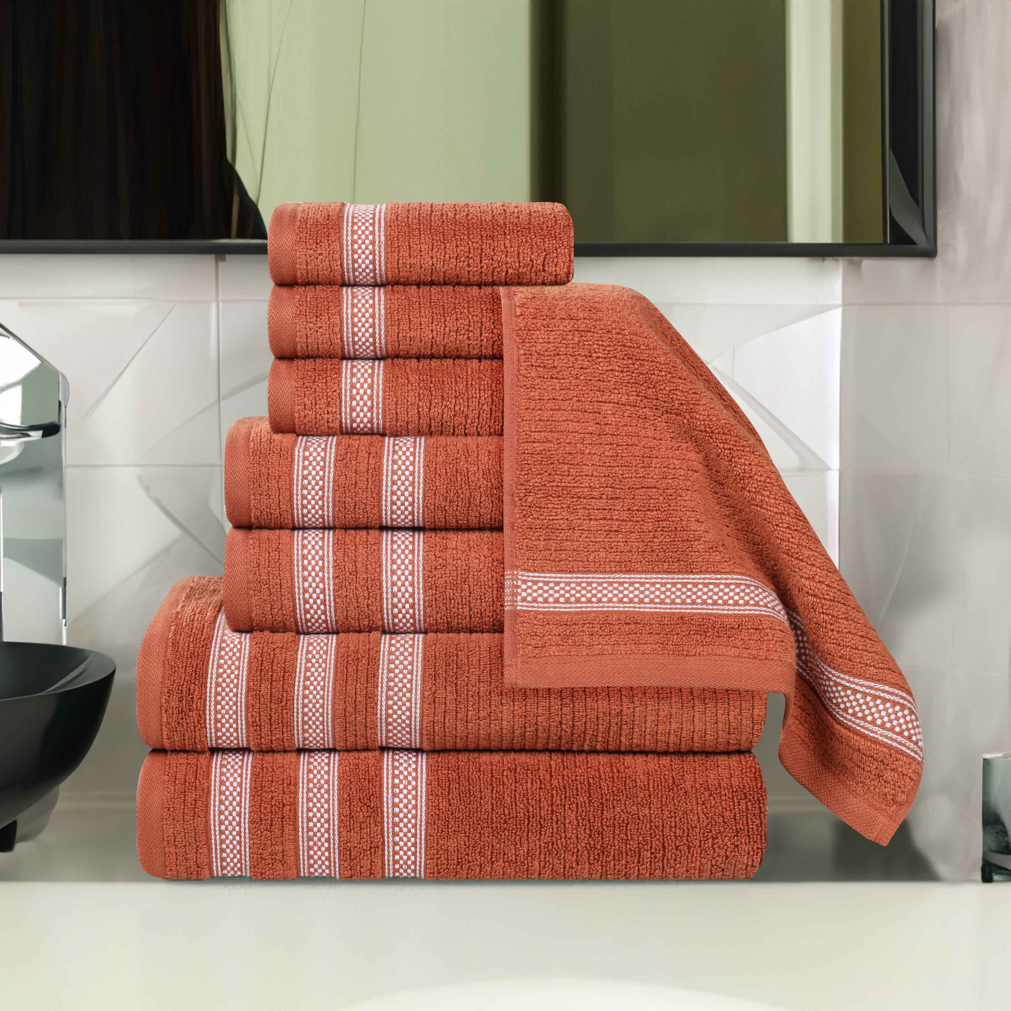 Premium Zero Twist Cotton Ribbed Geometric Border 8-Piece Towel Set - Ultra Soft & Absorbent Bath Towels for Spa, Gym, and Luxury Home Use