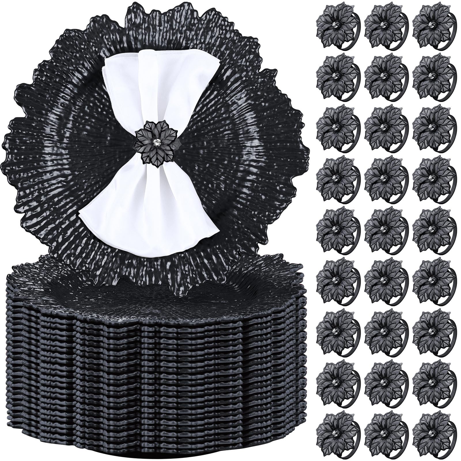50-Piece Matte Reef Charger Plate Set with Ruffled Rim & Hollow-Out Flower Napkin Rings - 13