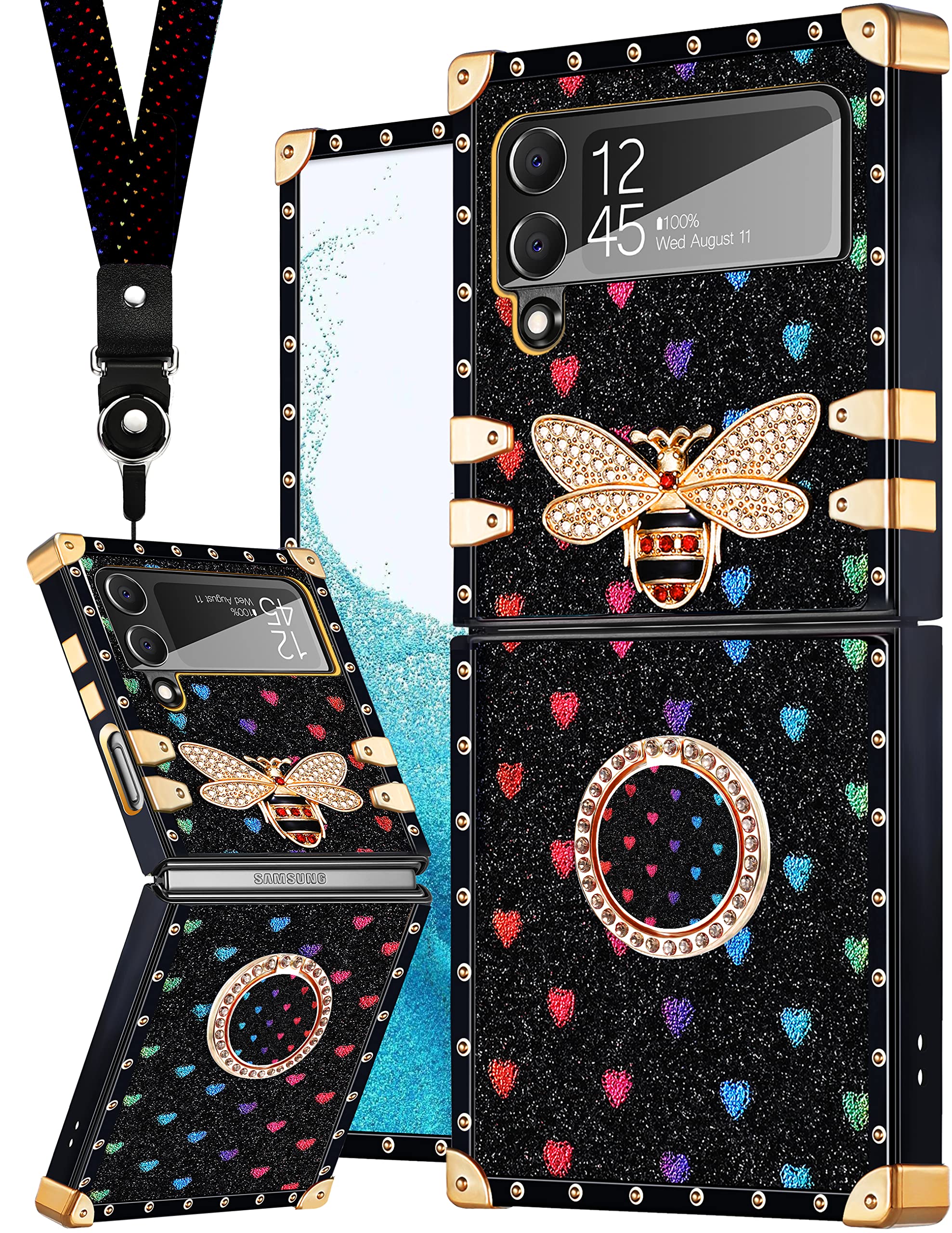 Premium Luxury Bee Design Samsung Galaxy Z Flip 3 Case with Ring Stand & Lanyard - Stylish Square Phone Cover for Women, Protective Flip 3 6.7