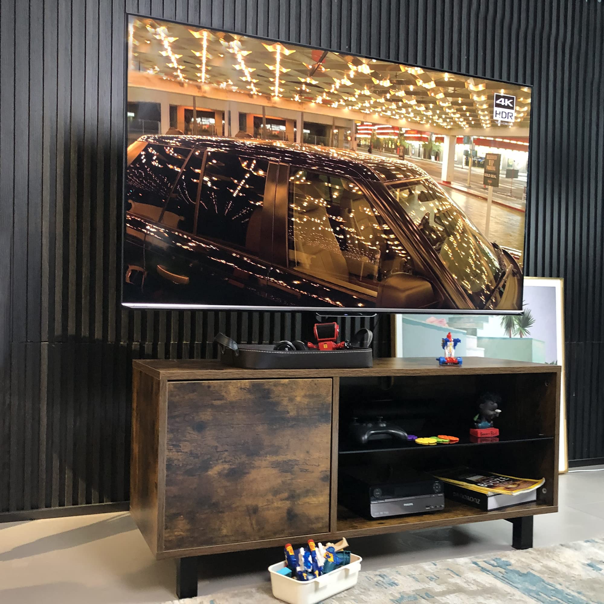 Rustic Brown Wood & Glass TV Stand Console with Push-to-Open Storage Cabinet - Holds TVs up to 65 Inches - Modern Entertainment Center for Living Room, Bedroom, or Home Theater