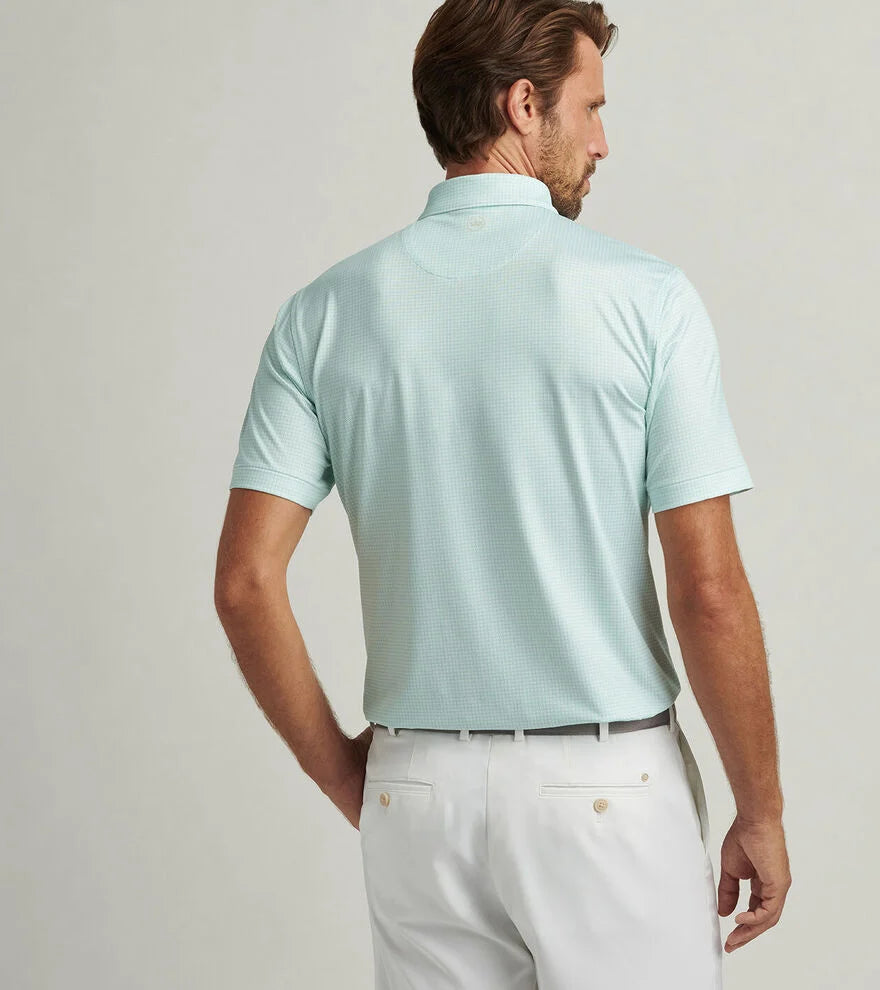Peter Millar Men's Orbit Performance Jersey Polo Shirt - Moisture-Wicking, Breathable Golf & Casual Shirt in White/Pear Tart | Perfect for Golf, Office & Summer Outings