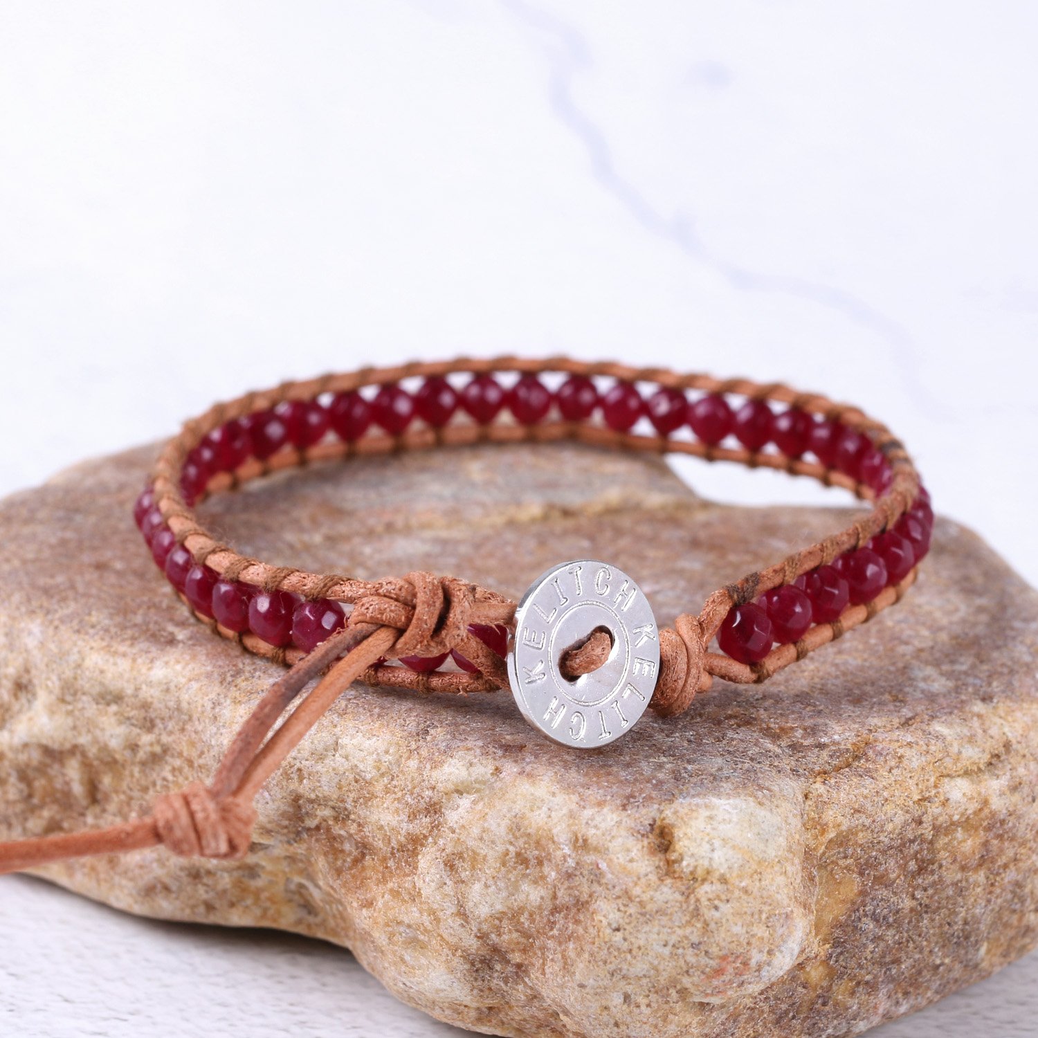 Handmade Red Agate Bead Bracelet with Leather Wrap for Women - Boho Chic Jewelry for Everyday Wear, Meditation & Gift Giving
