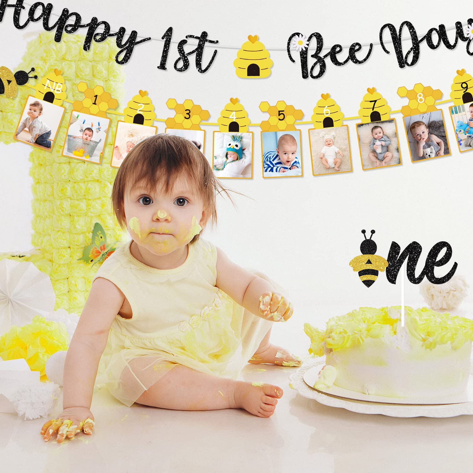 3 Pcs Happy 1st Bee Day Party Decorations - Bumble Honey Bee Birthday Banner, Cake Topper & Photo Props for Baby Boys Girls Newborn | Bee-Themed 1st Birthday Party Supplies for Cake Decor & Nursery Decor