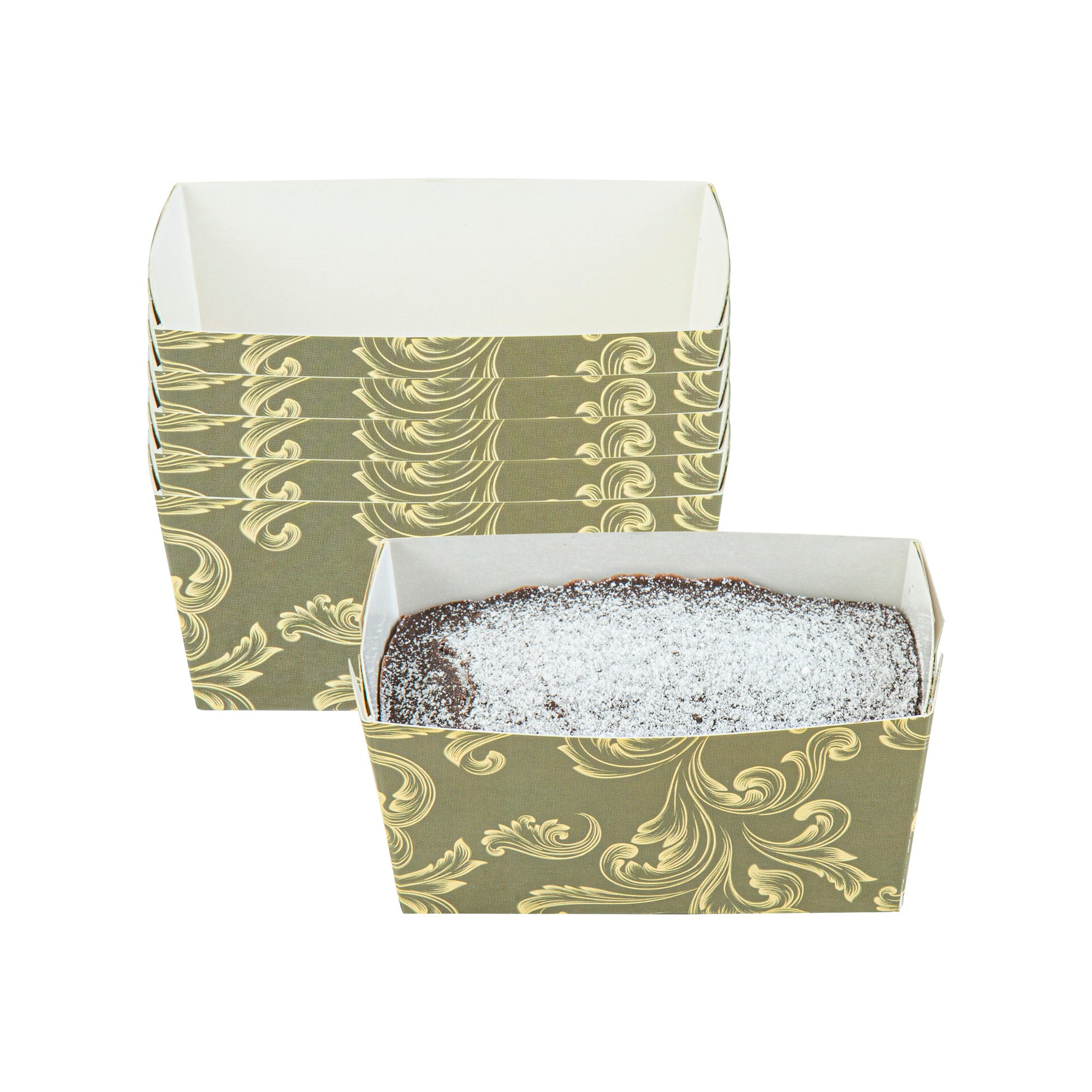 Bake Tek 9 oz Dark Green Vintage Floral Paper Mini Loaf Pans - Greaseproof & Non-Stick - 4