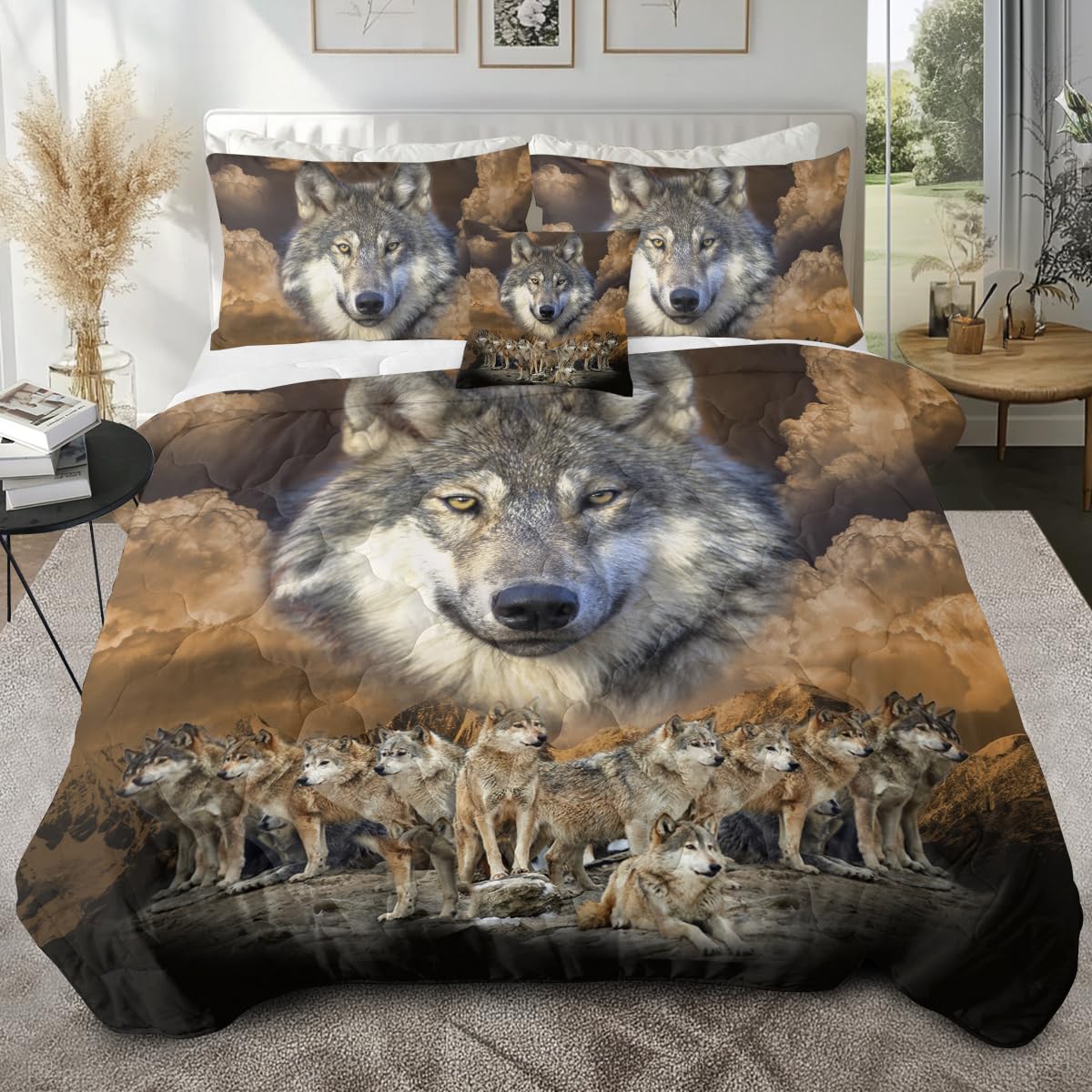 Sleepwish Gold Wolves Comforter Set - Twin Size 4-Piece Dark Clouds Wolf Leader Bedding with Comforter, Pillow Shams & Cushion Cover (King) - Perfect for Cozy Bedrooms, Wolf Lovers & Nature-Themed Decor