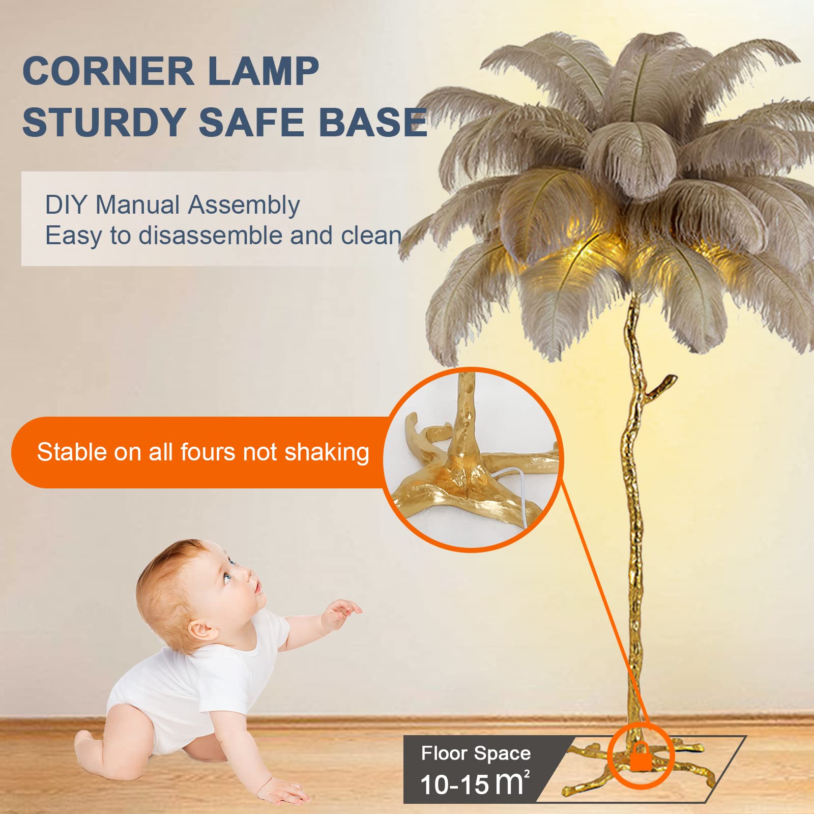 Natural Ostrich Feather Floor Lamp - Modern LED Dimmable Standing Light for Bedroom, Living Room & Office | 47-inch Tall Corner Lamp with Romantic Ambience | Perfect for Reading, Dining & Home Decor (Brown)