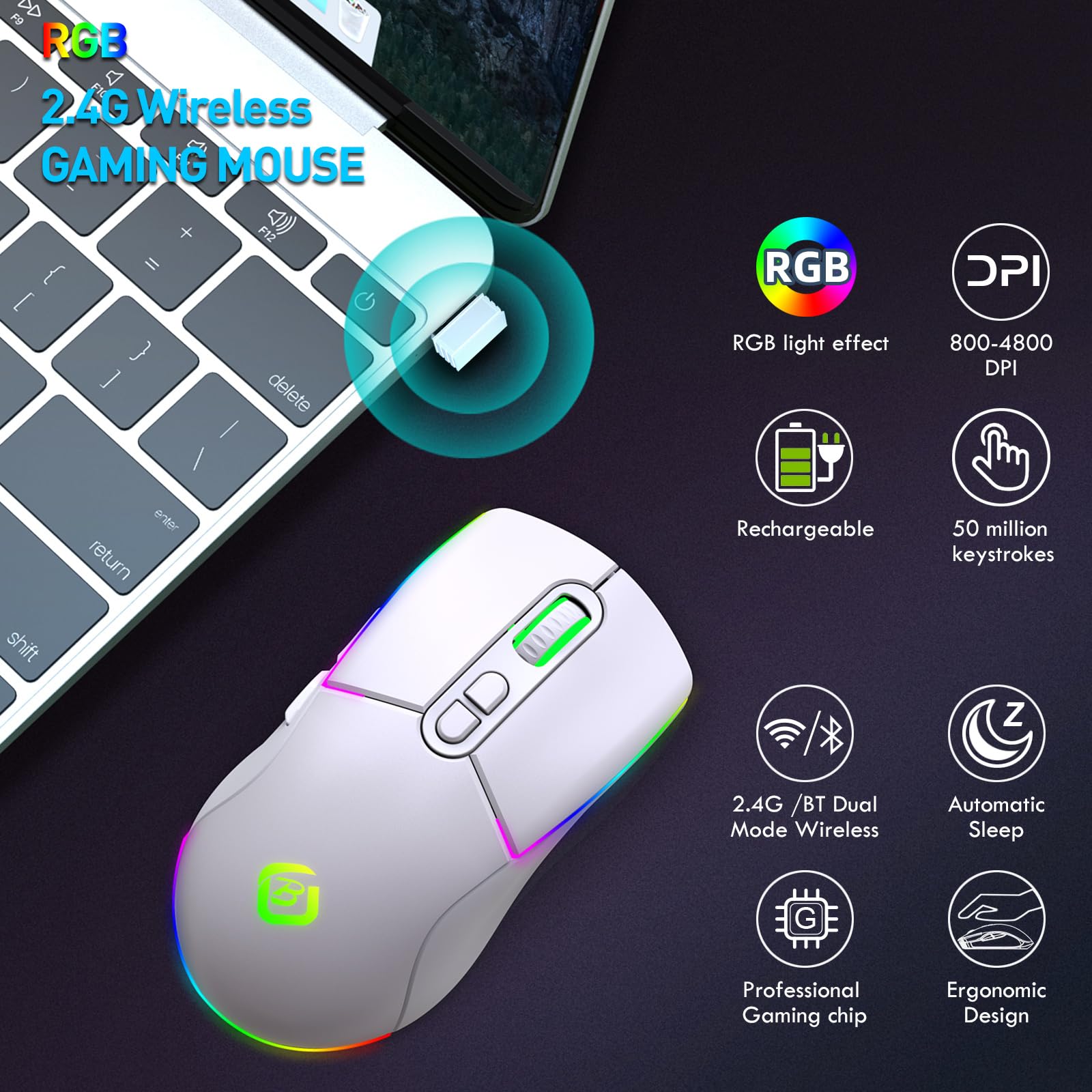 JYCSTE Wireless Gaming Mouse, Dual Mode 2.4GHz/Bluetooth 5.1, RGB Backlit Ergonomic Mouse with 6 Buttons, Rechargeable Computer Mouse for PC, Mac, Laptop (White) - Perfect for Gaming, Office Work, and Home Use
